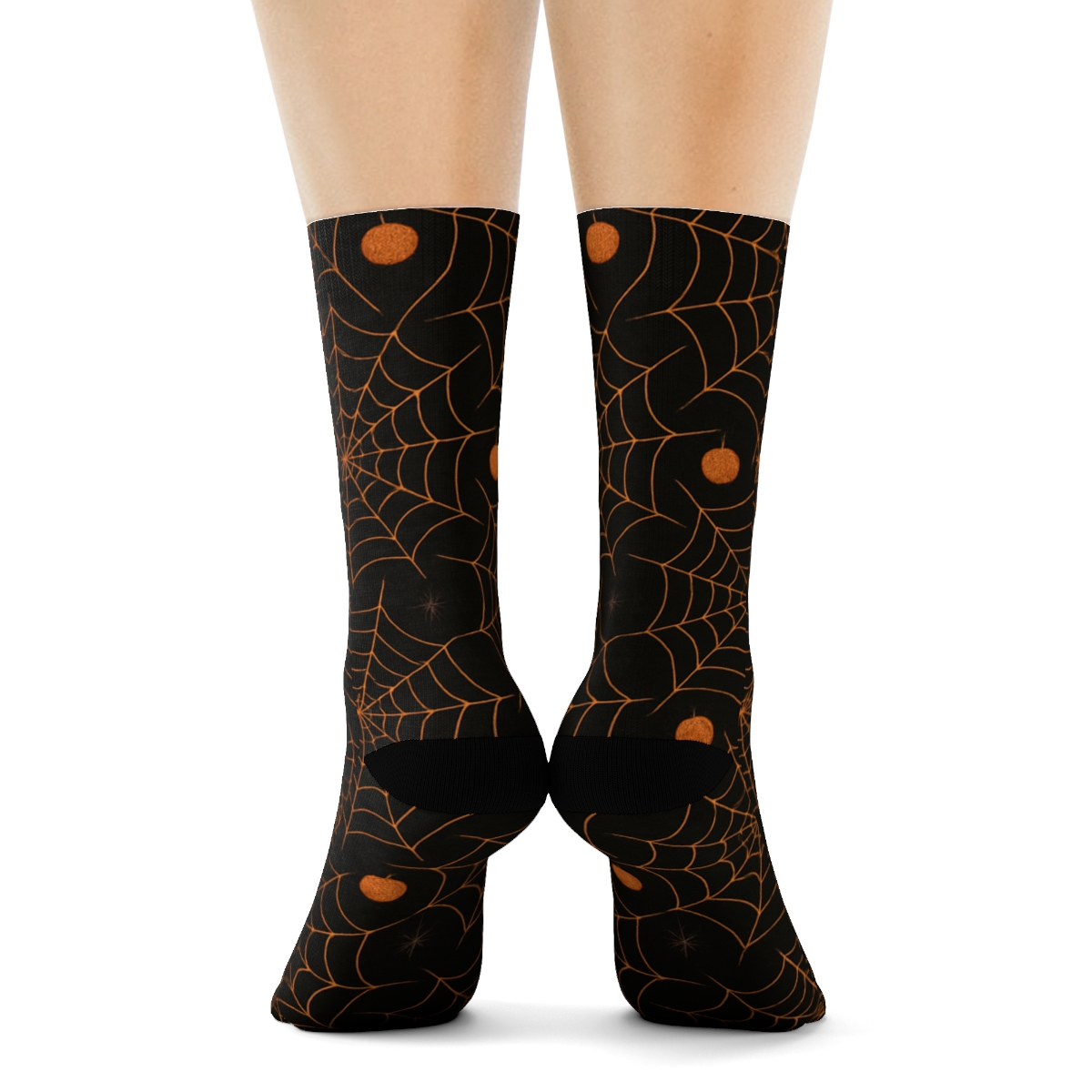 Spider Web Overlay With Orange Pumpkin Dots On Black Background designer printed crew socks