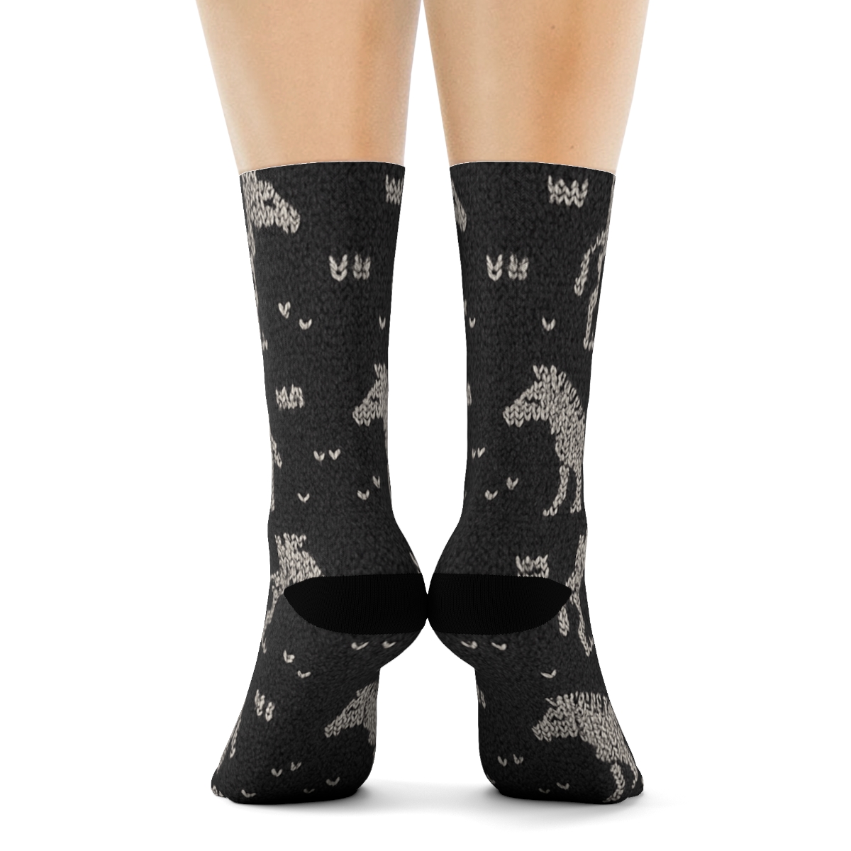Knitted Zebra Silhouette Spotlight Bands On Charcoal trendy patterned crew socks
