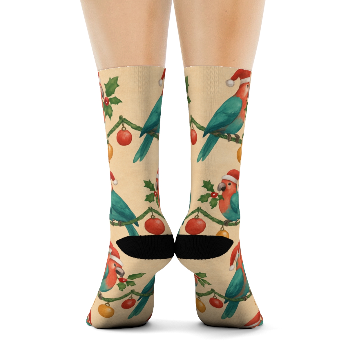Parrot Ornament Garland Wave On Beige Background designer printed crew socks