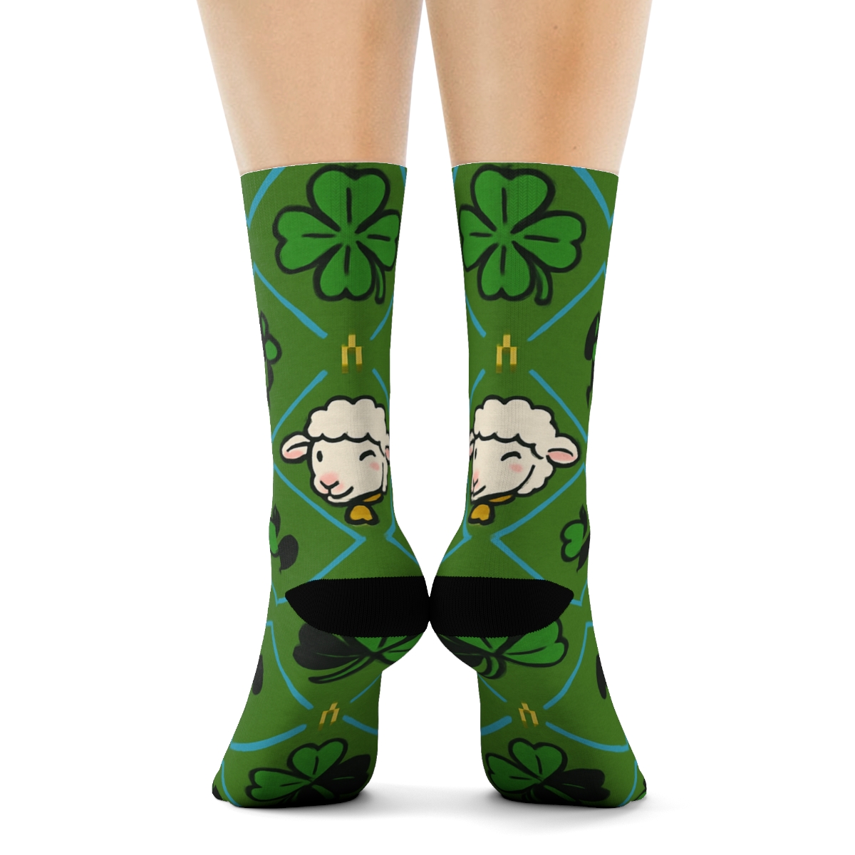 Sheep Clover Lattice On Moss Green custom crew socks