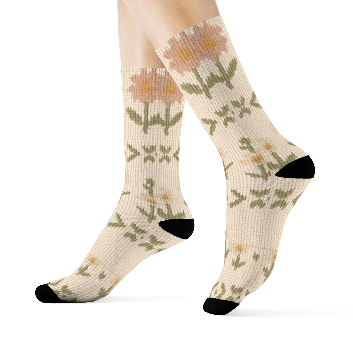 Sage Wildflower Knit Illusion Stripe Repeat On Warm Ivory Background designer printed crew socks