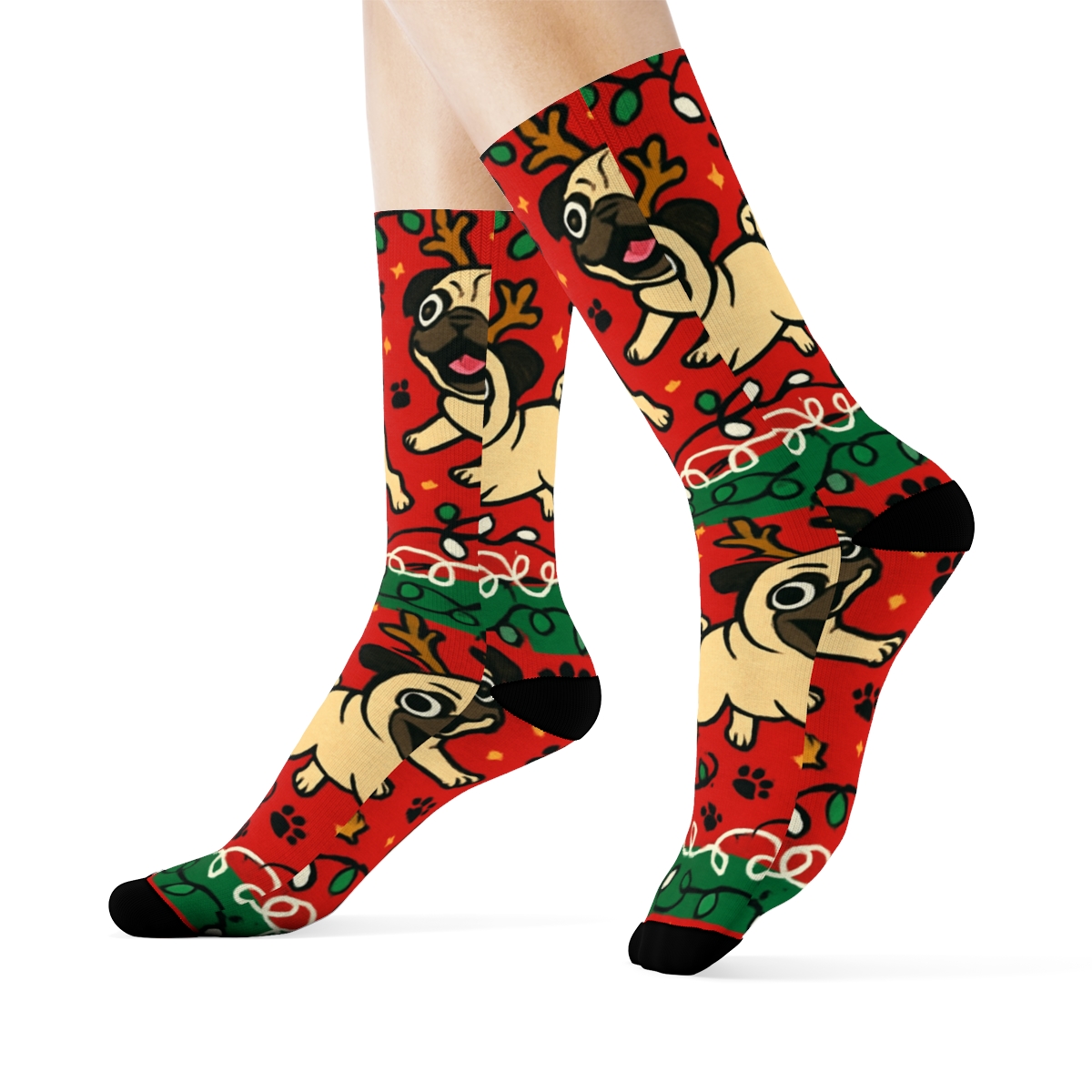 Reindeer Pug Light Tangle Stripe stylish athletic crew socks