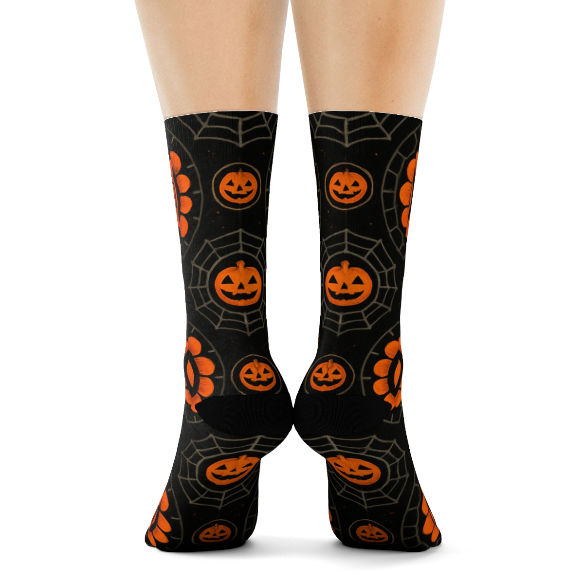 Orange Jack O Lantern Medallion Tiles On Black Background soft everyday crew socks