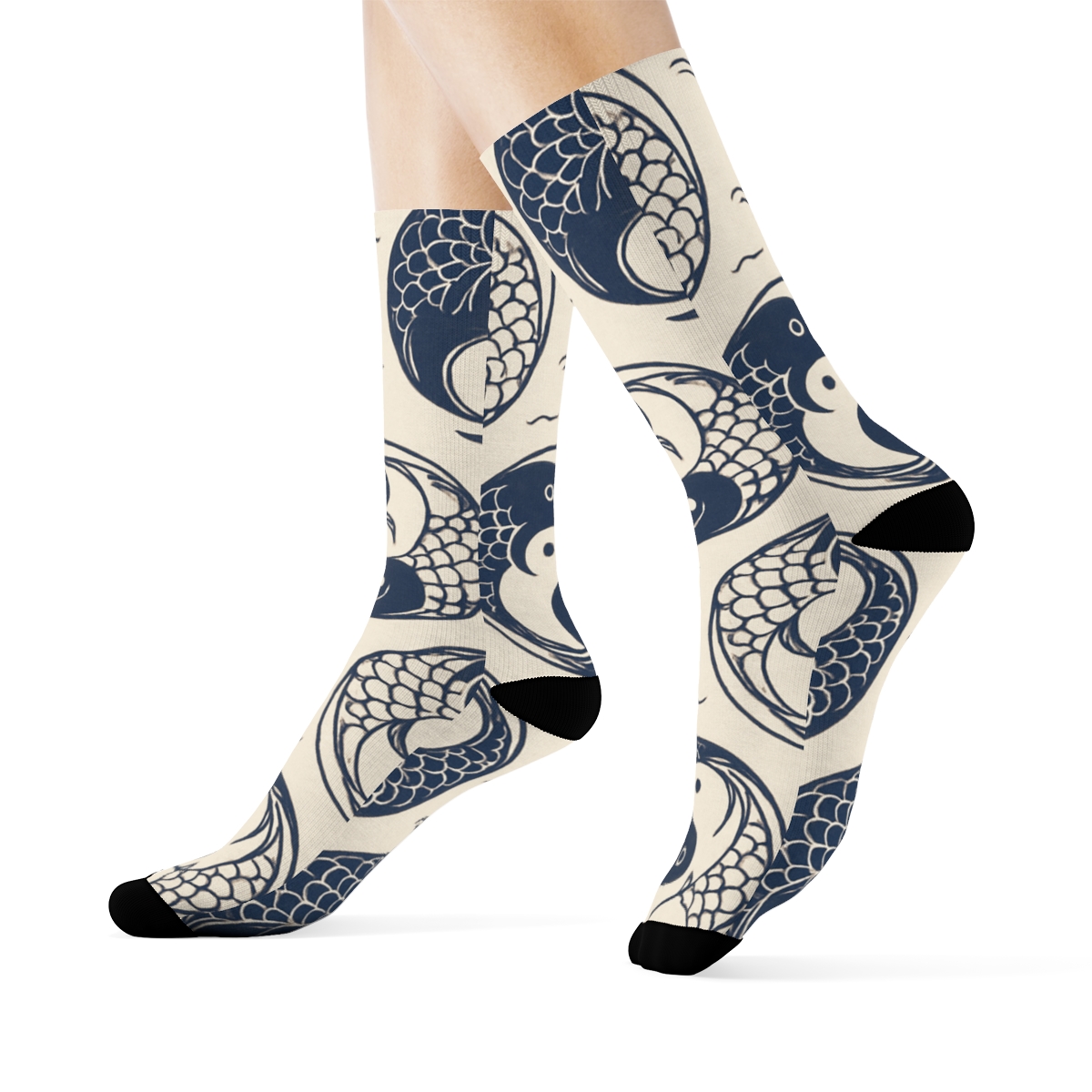 Indigo Koi Dual Spiral Tile On Pale Cream custom crew socks