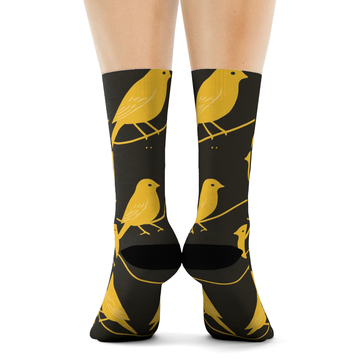 Golden Canary Perch Wave On Charcoal Background custom crew socks