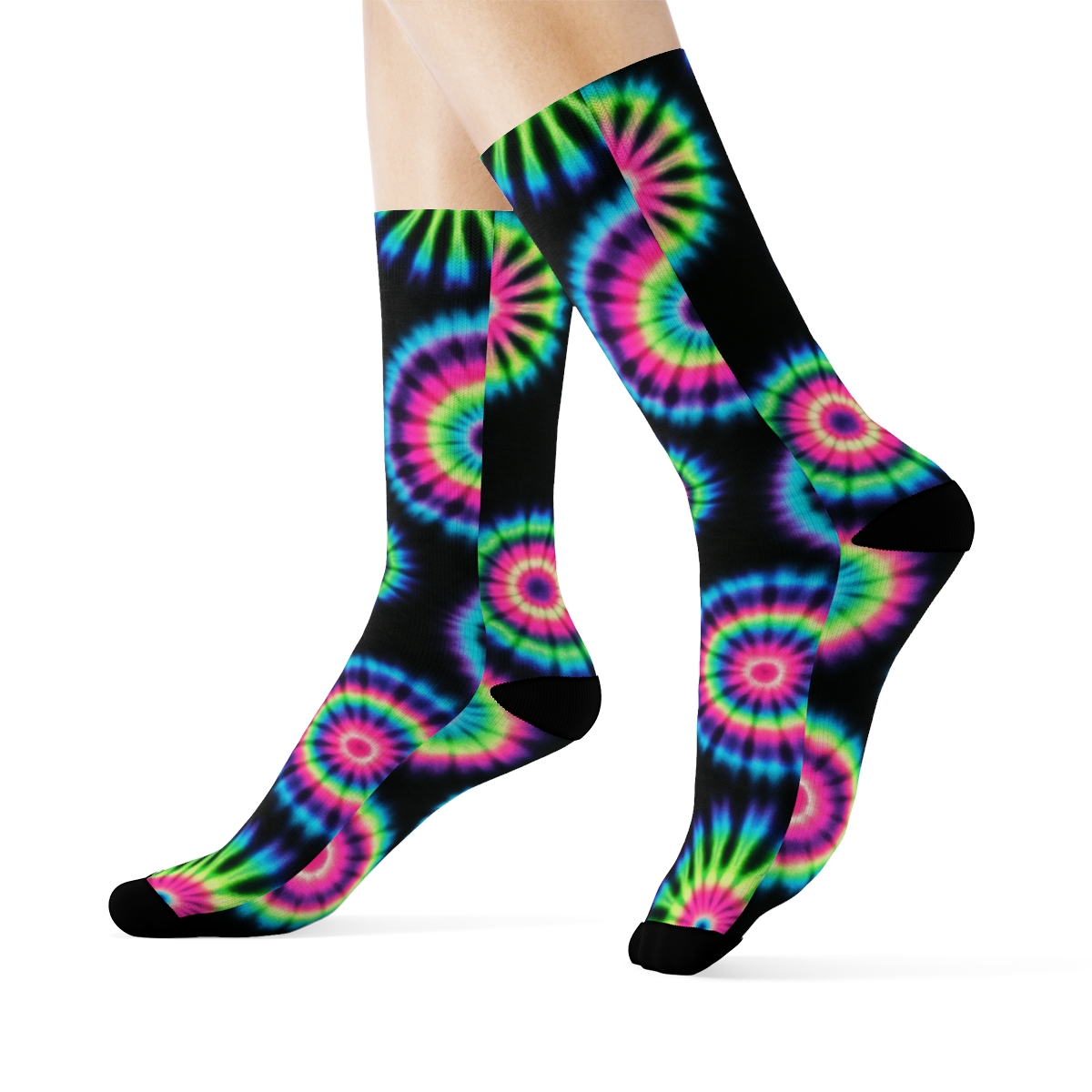 Neon Bullseye Mandala Tiles On Black Field custom crew socks