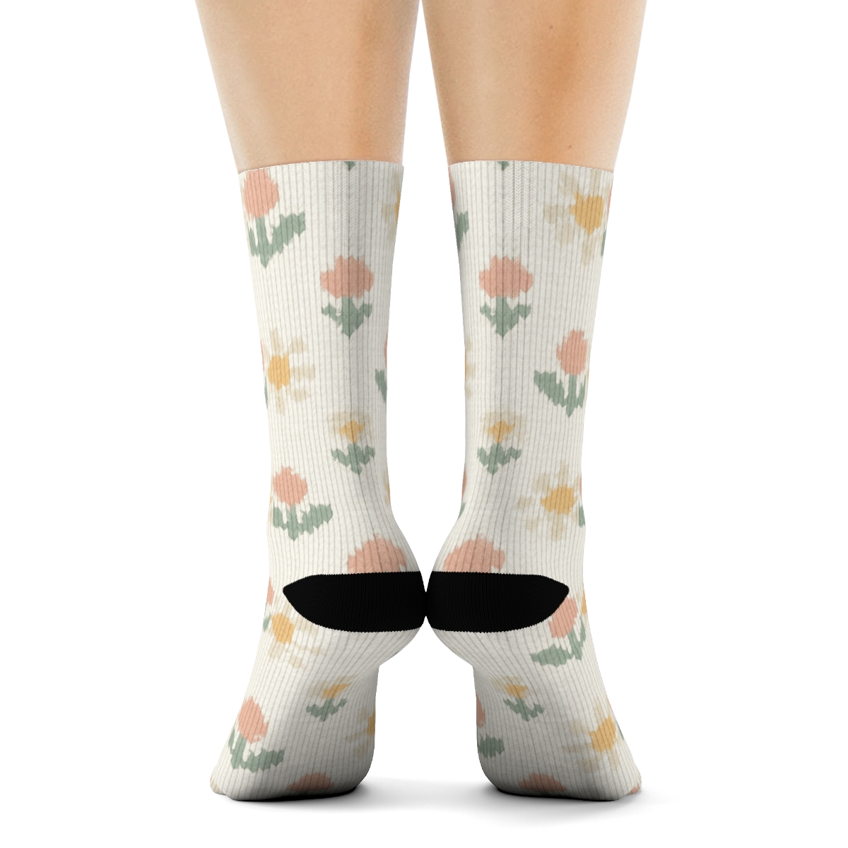 Sage Wildflower Knit Grid On Cream Background comfortable cotton crew socks