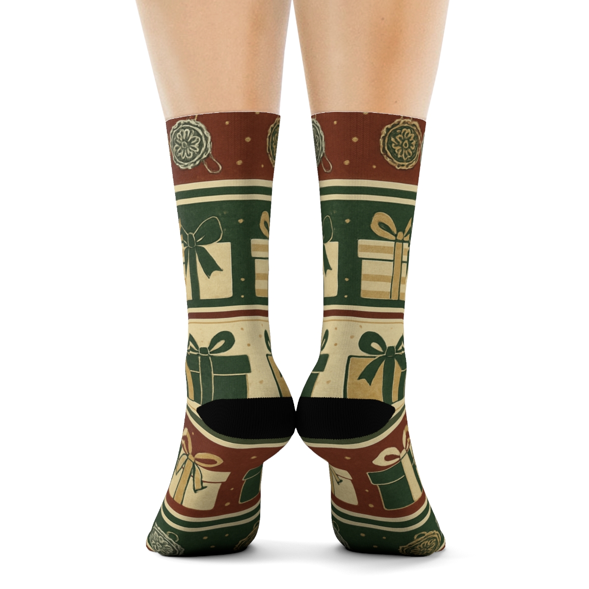 Vintage Gift Wrap Poster Look With Presents In Ribbon Bands personalized crew socks