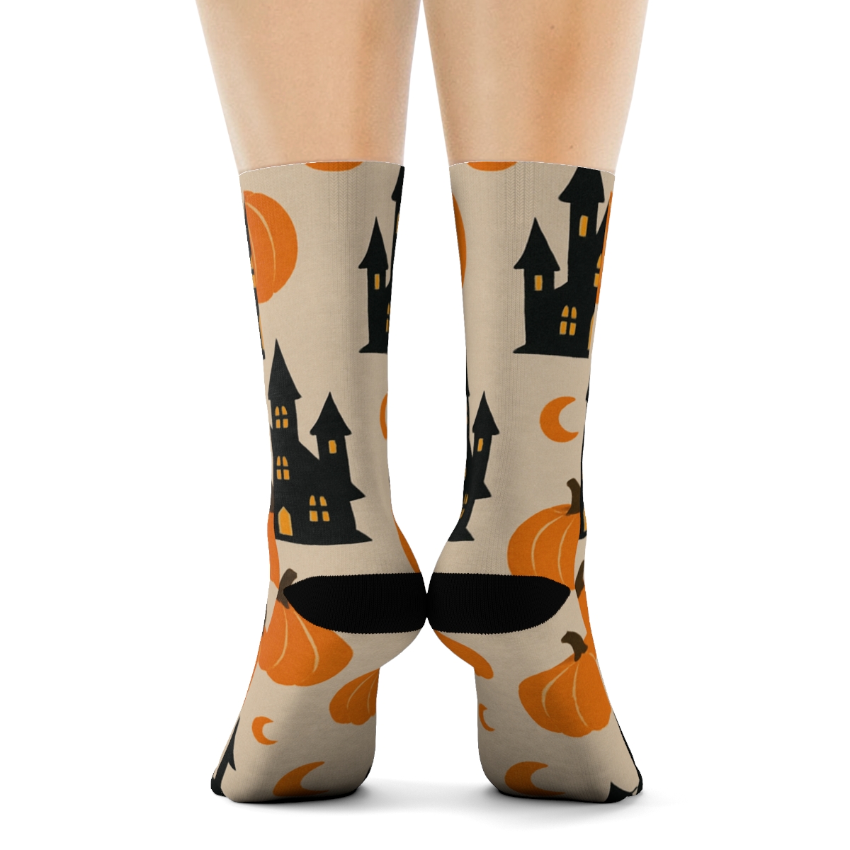 Haunted House Silhouette And Pumpkin Scatter On Proper Neutral Background trendy patterned crew socks