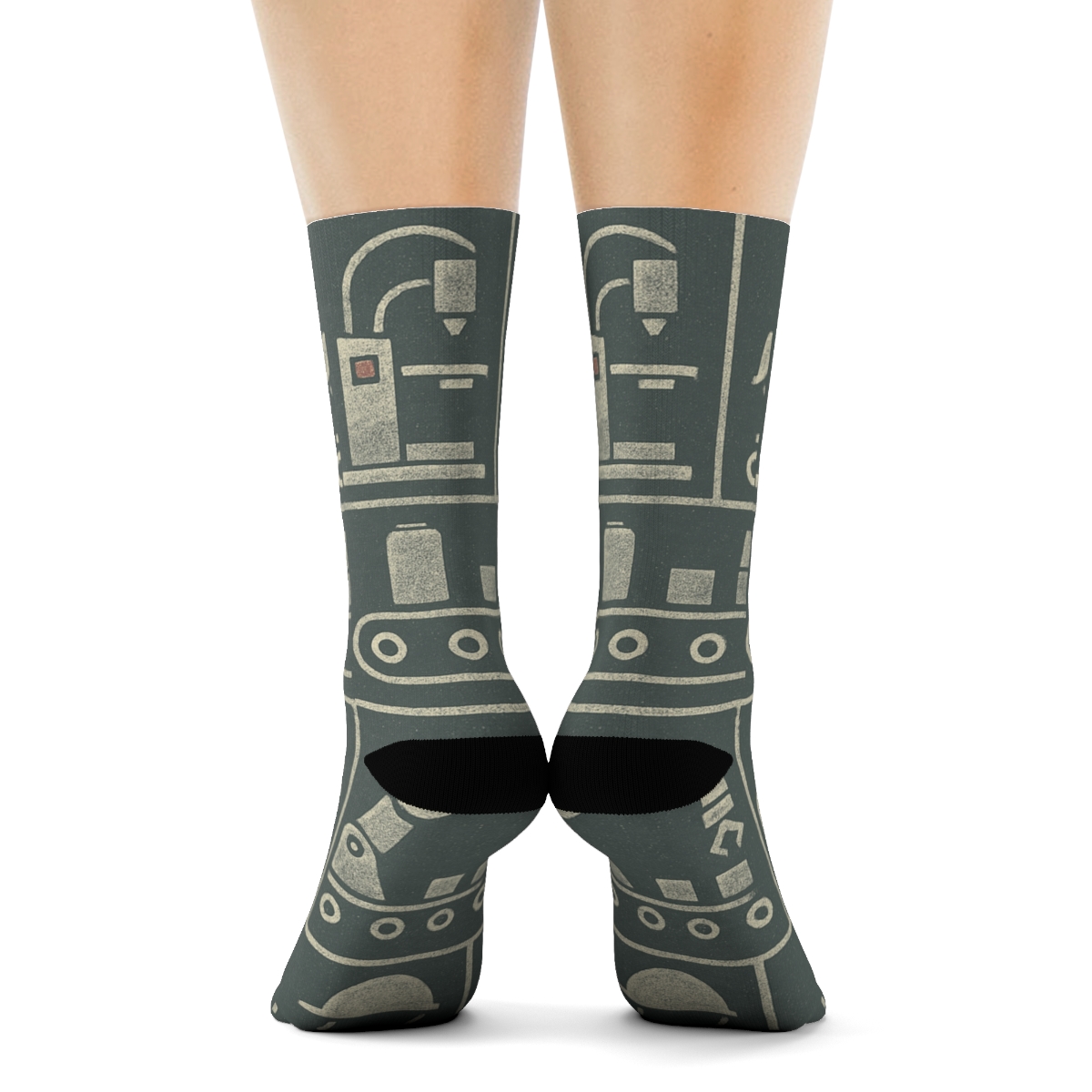 Vintage Conveyor Blueprint With Factory Worker Motifs custom crew socks