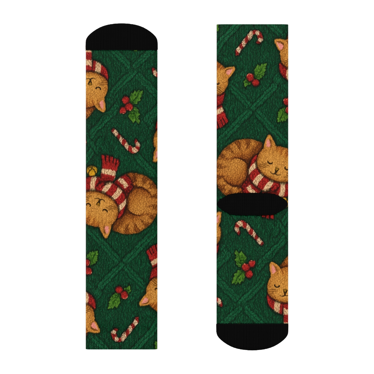 Peppermint Scarf Cats Cable Knit Tessellation On Pine Green Background stylish athletic crew socks