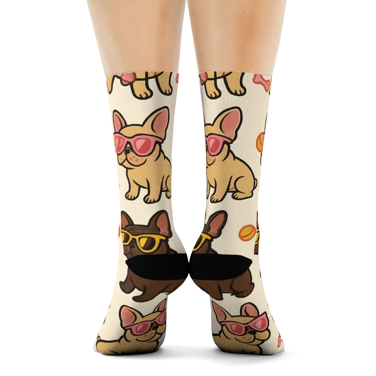 Sunny French Bulldog Sunglasses Scatter On Pastel Cream soft everyday crew socks