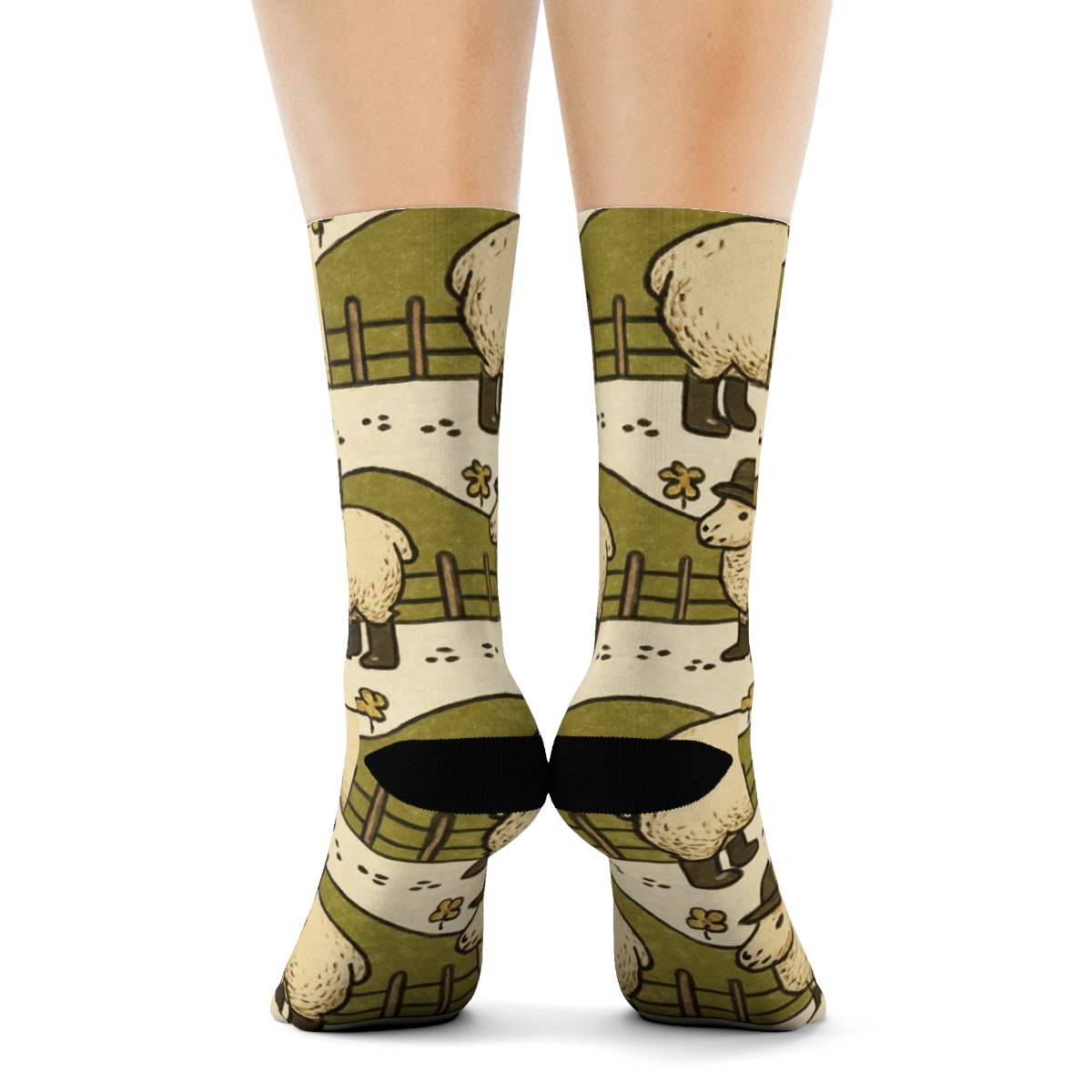 Clover Banding With Fence Posts, Sheep custom crew socksClover Banding with Fence Posts, Sheep Crew Socks - Image 4