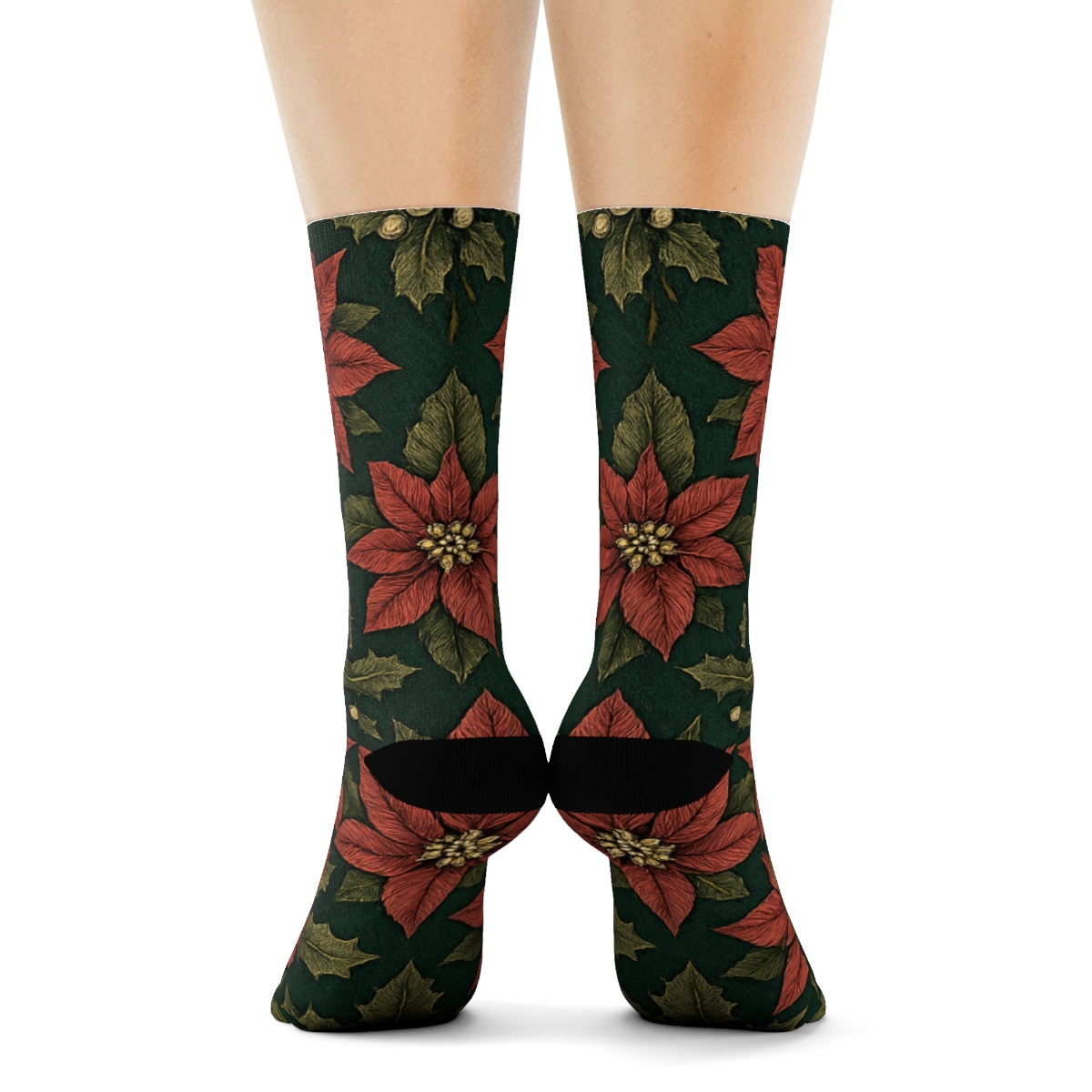 Holly Poinsettia Lattice On Midnight Green Background unique graphic crew socks