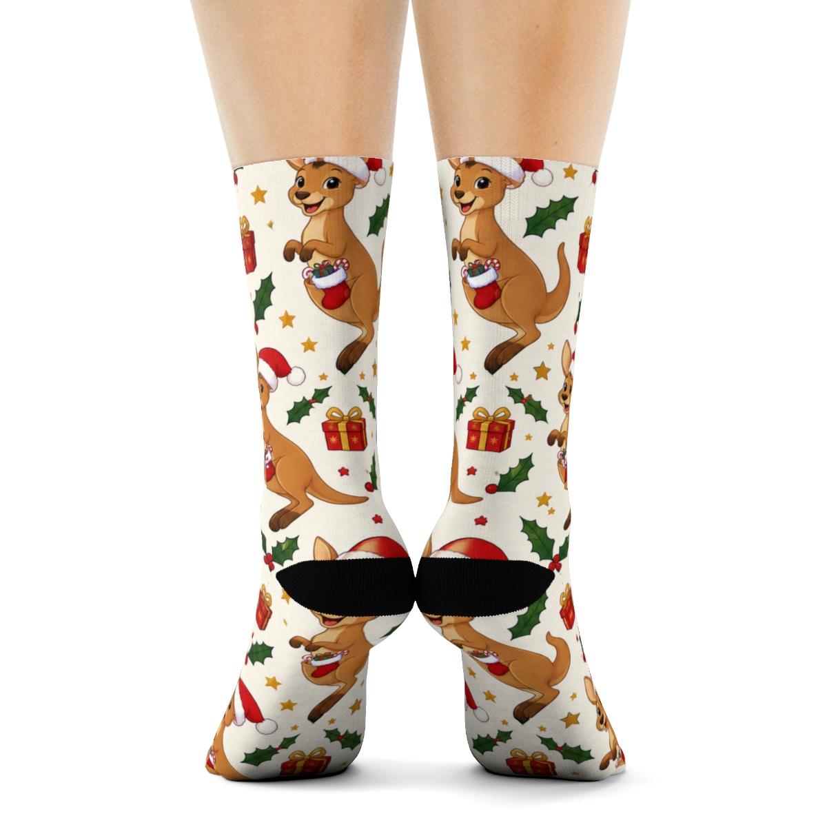 Cranberry Kangaroo Stocking Hop Tessellation On Ivory Background trendy patterned crew socks [AI-46369409-99d87e8853d4]