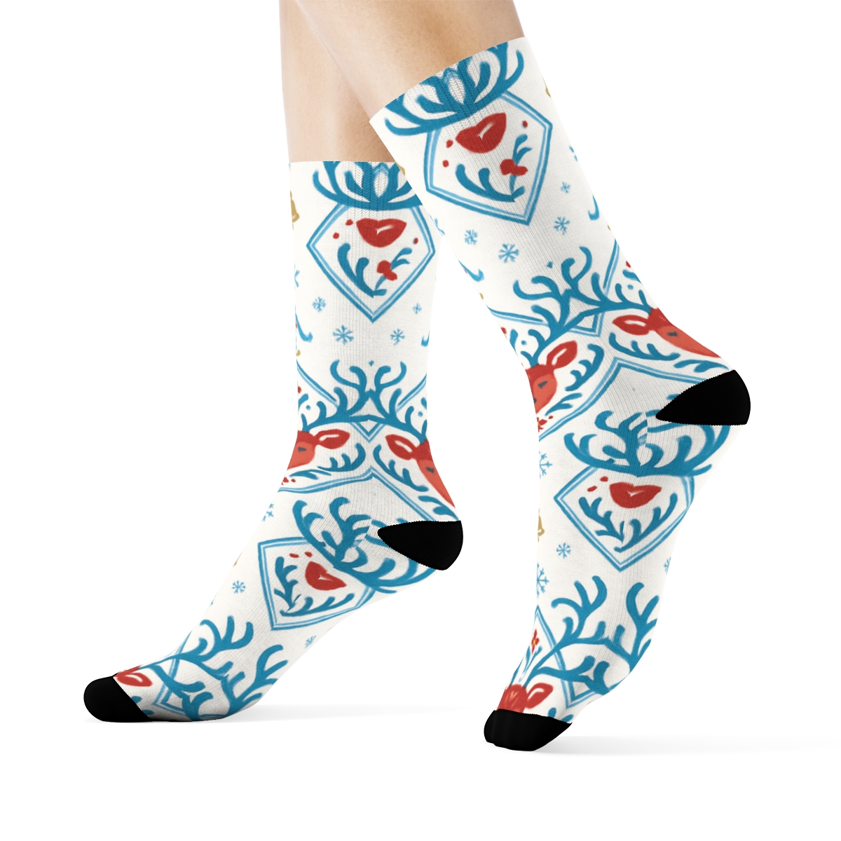 Scandinavian Folk Motif With Reindeer Head Medallions stylish athletic crew socks