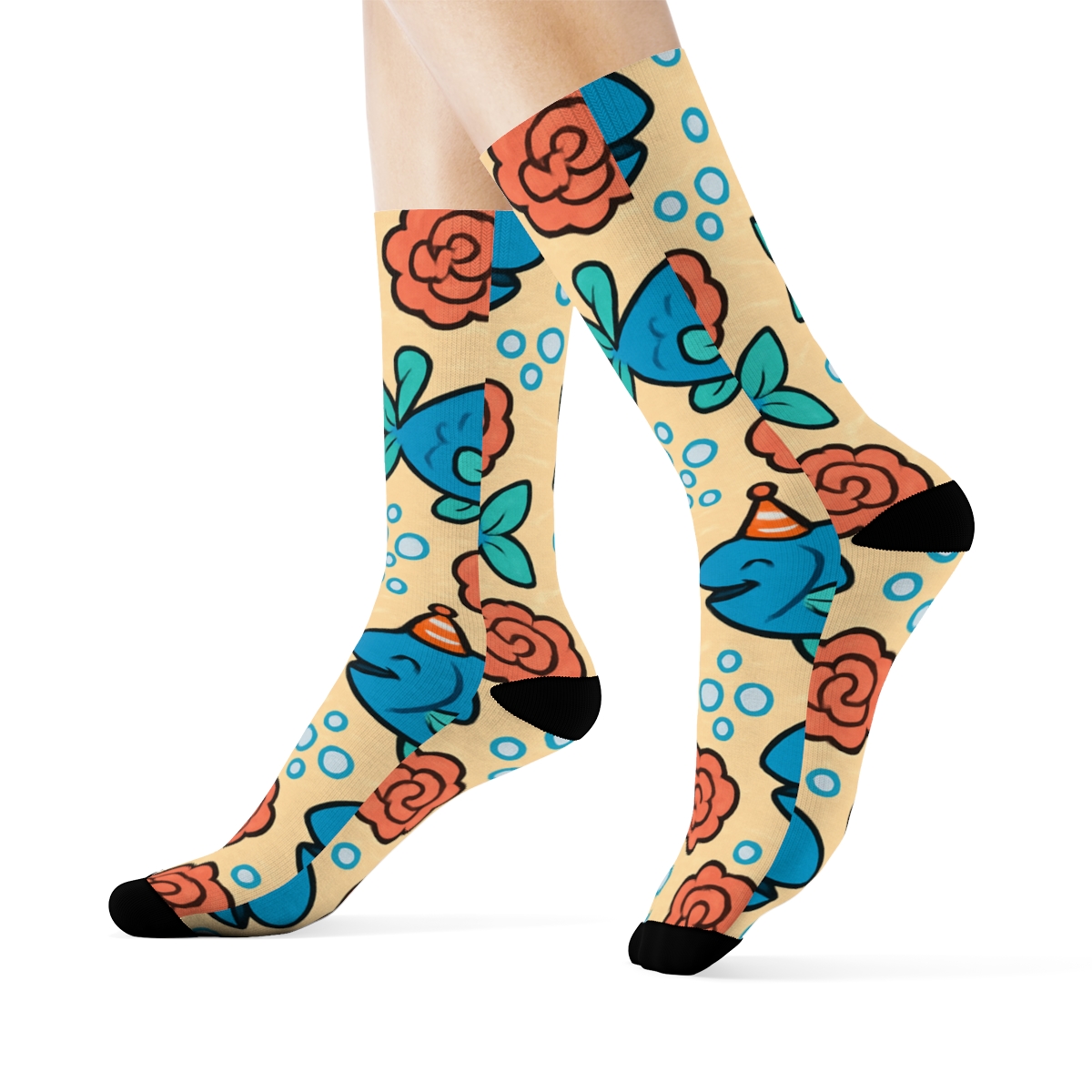 Coral Garden Grid With Fish In Party Hats designer printed crew socks