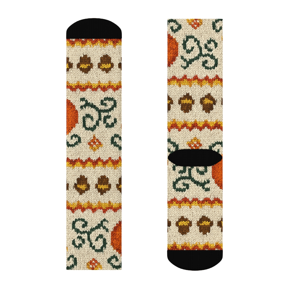 Knitted Pumpkin And Acorn Fair Isle On Creamy Beige Background comfortable cotton crew socks