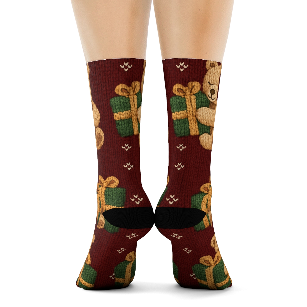 Golden Bear Gift Box Grid On Burgundy Background trendy patterned crew socks