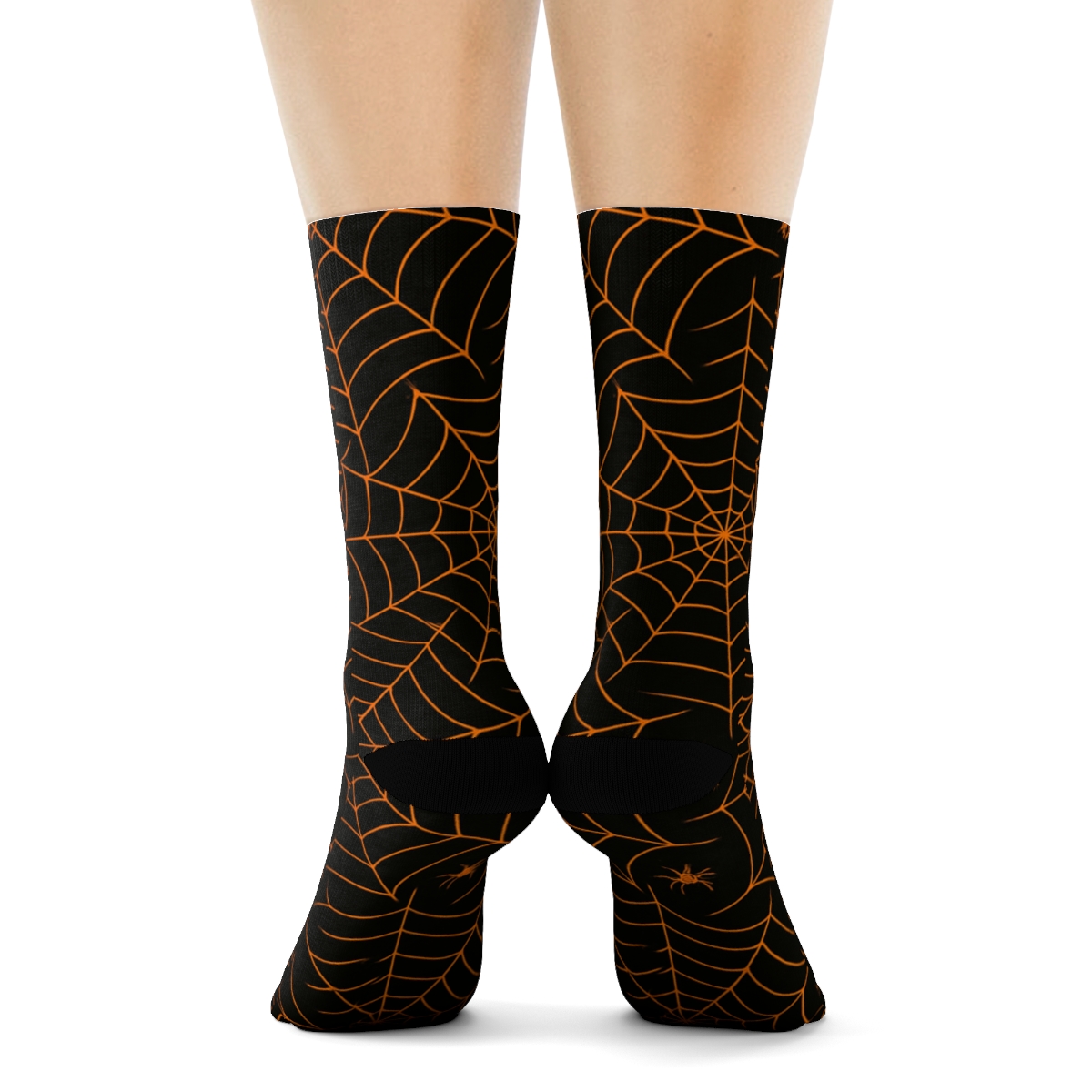 Orange Spider Web Overlay Mesh On Black Background designer printed crew socks