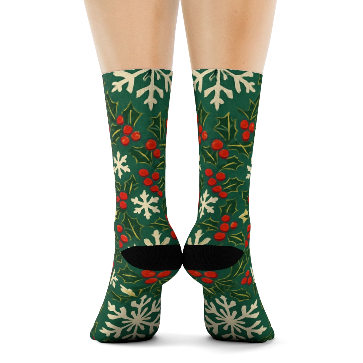 Snowflake And Holly Holiday Mosaic On Teal trendy patterned crew socks