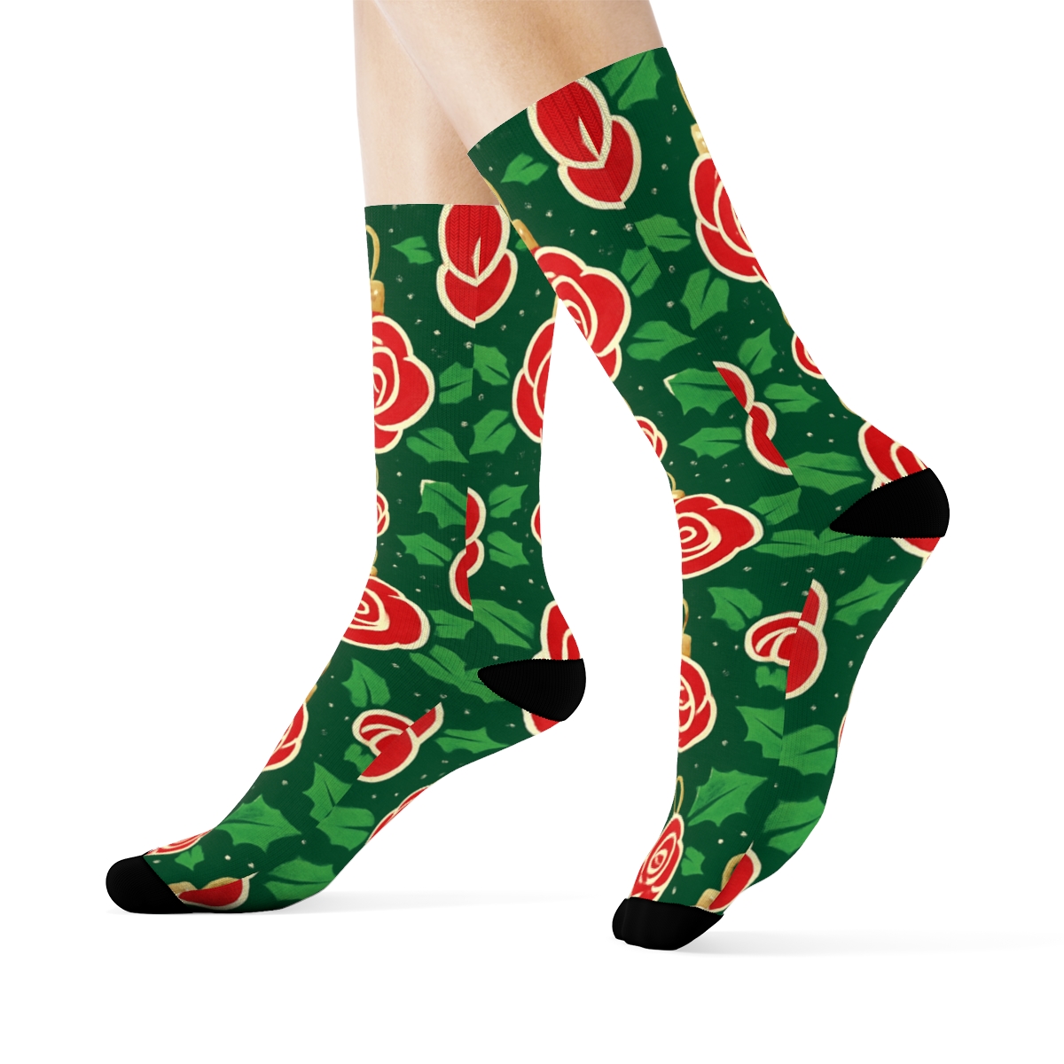 Crimson Rose Ornament Lattice On Pine Green Background comfortable cotton crew socks