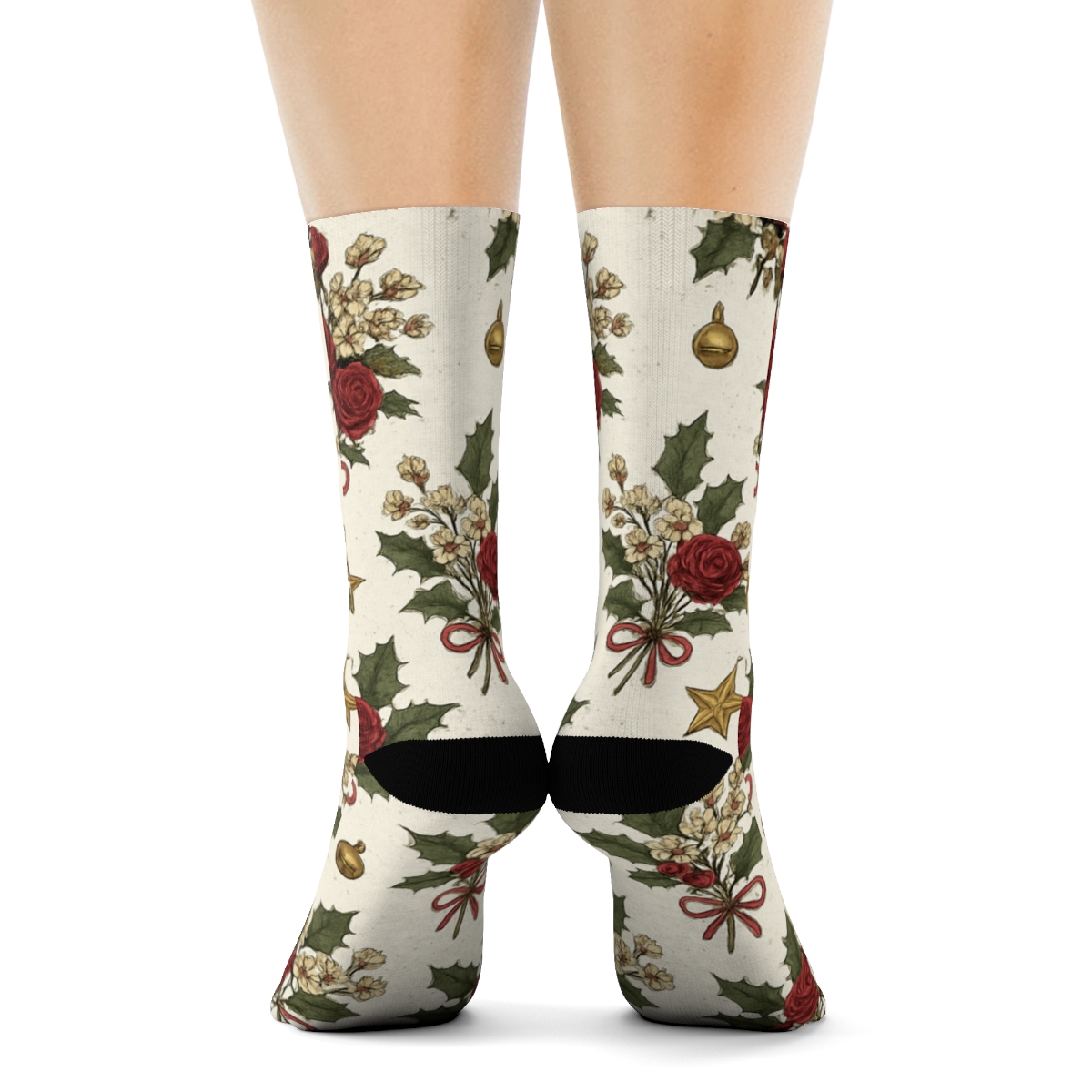 Golden Starberry Roses Scatter On Snow White Background personalized crew socksGolden Starberry Roses Scatter on Snow White Background Crew Socks - Image 4