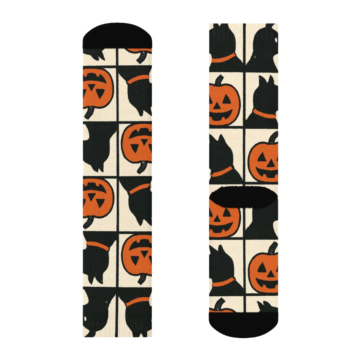 Black Cat And Pumpkin Alternating Block Print On White Background comfortable cotton crew socks