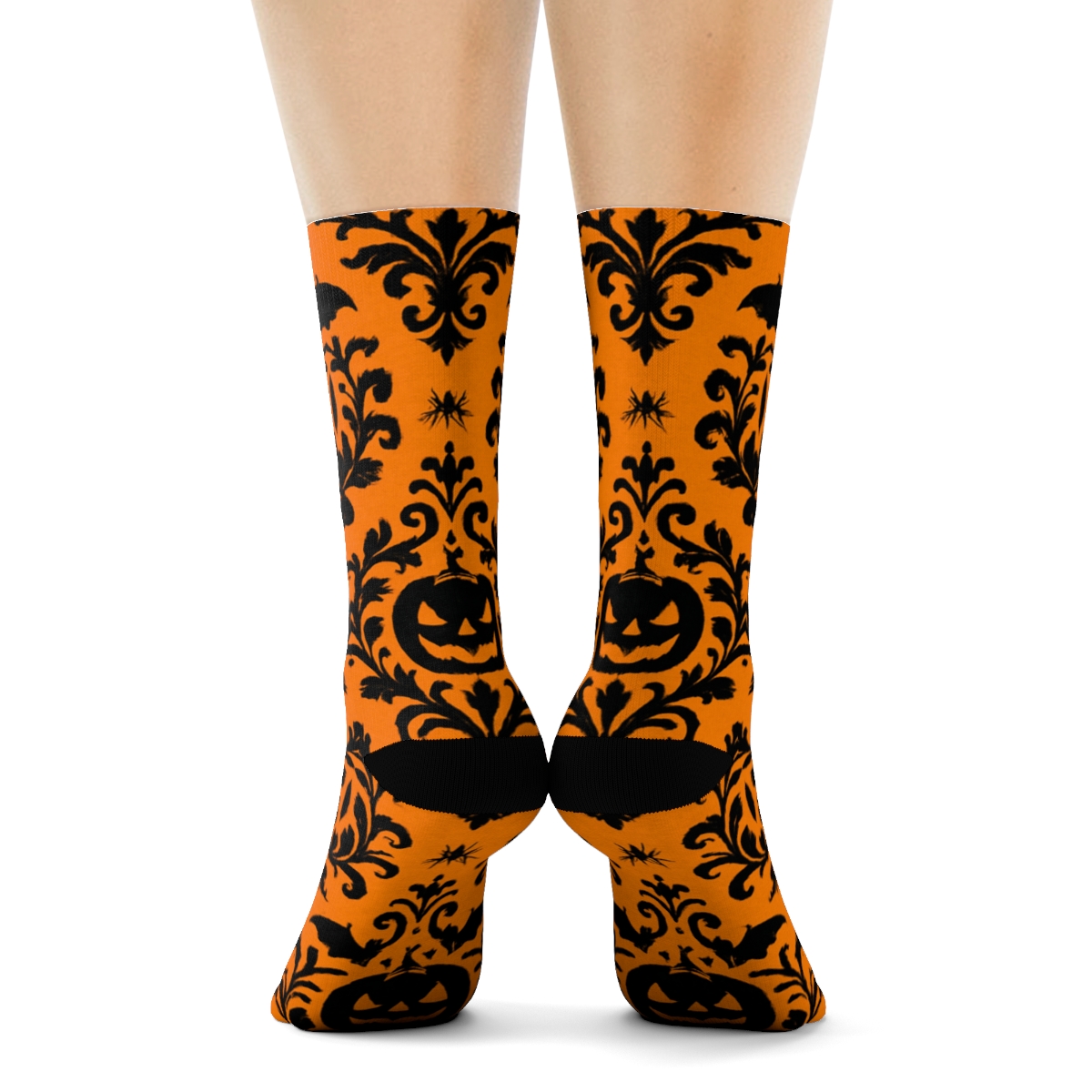 Jack O Lantern Damask Silhouettes On Orange Background trendy patterned crew socks