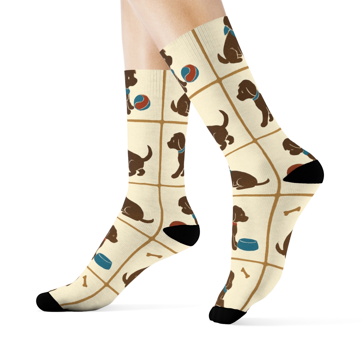 Puppy Parade With Dog Silhouettes In Retro Poster Tiles soft everyday crew socks
