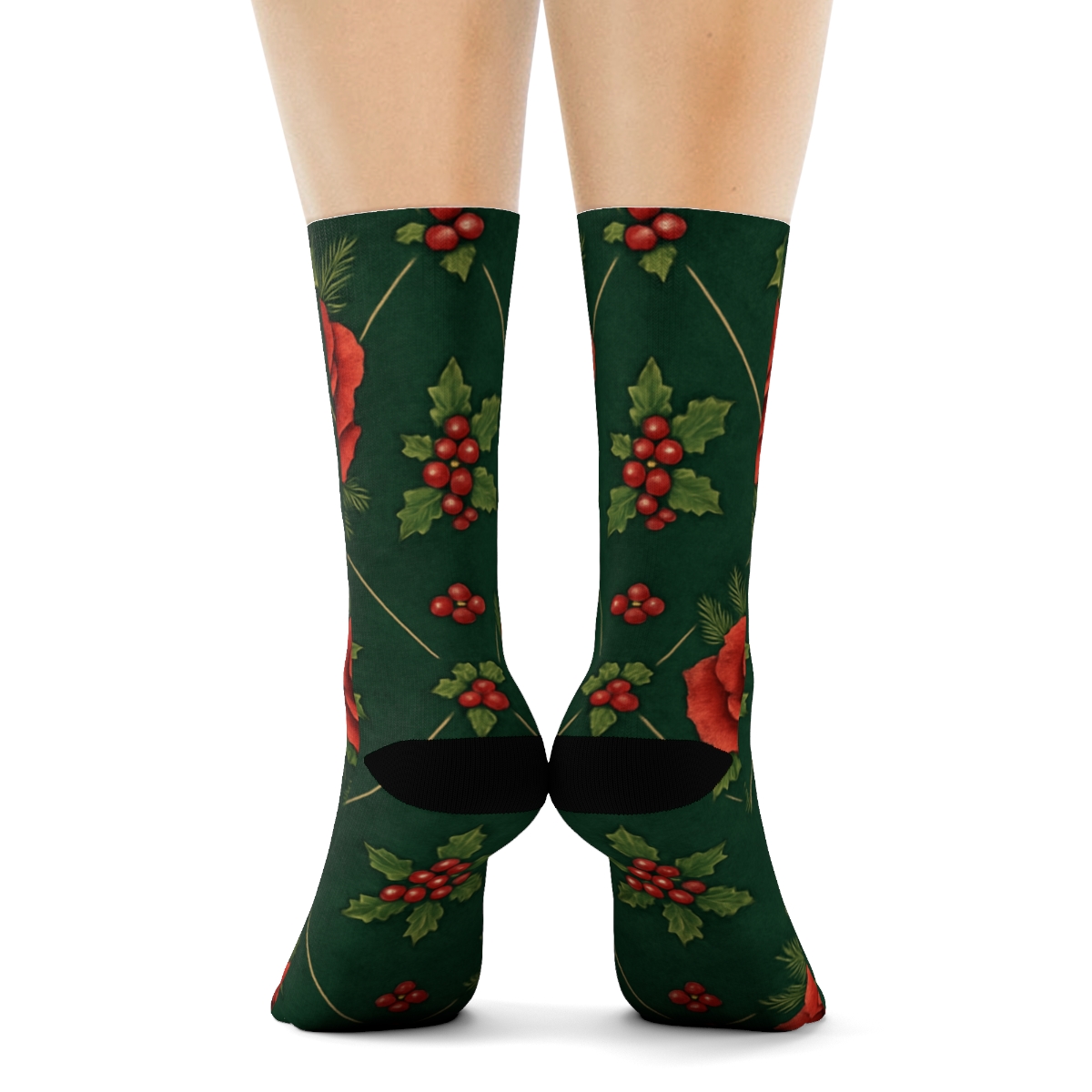 Crimson Rose Ornament Lattice On Deep Green Background personalized crew socks