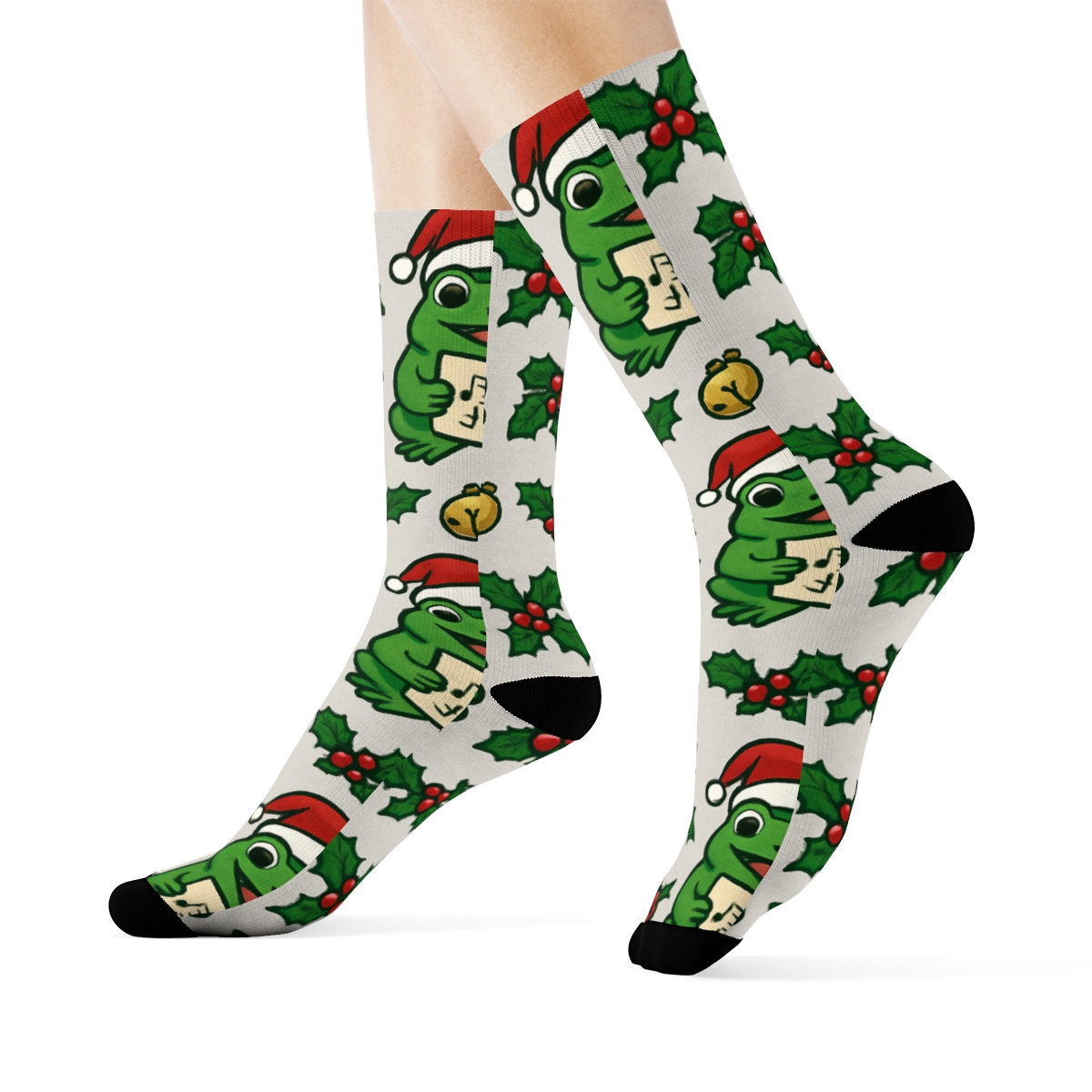 Cartoon Frog Caroler Stripe Bands On Light Gray Background premium sports crew socks