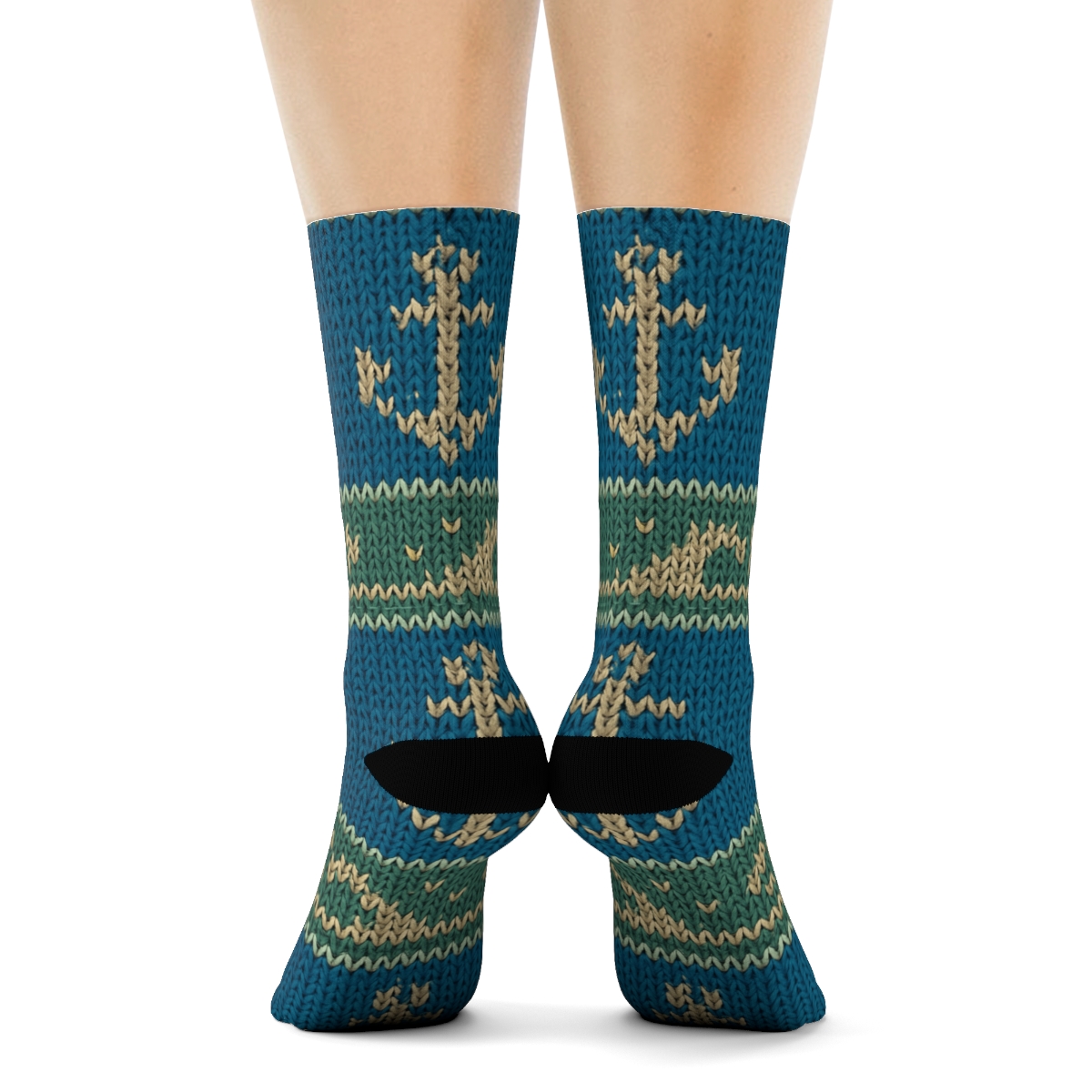 Knit Illusion Ship Captain Wheel And Wave Bands unique graphic crew socks