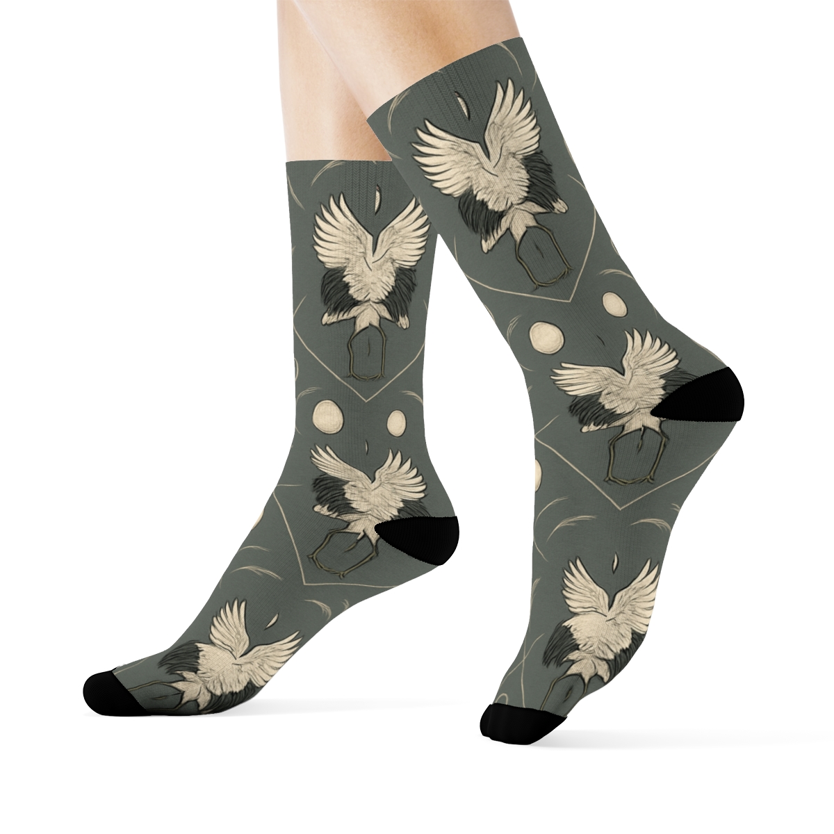Crane Courtship Mirror Repeat On Slate Background unique graphic crew socks