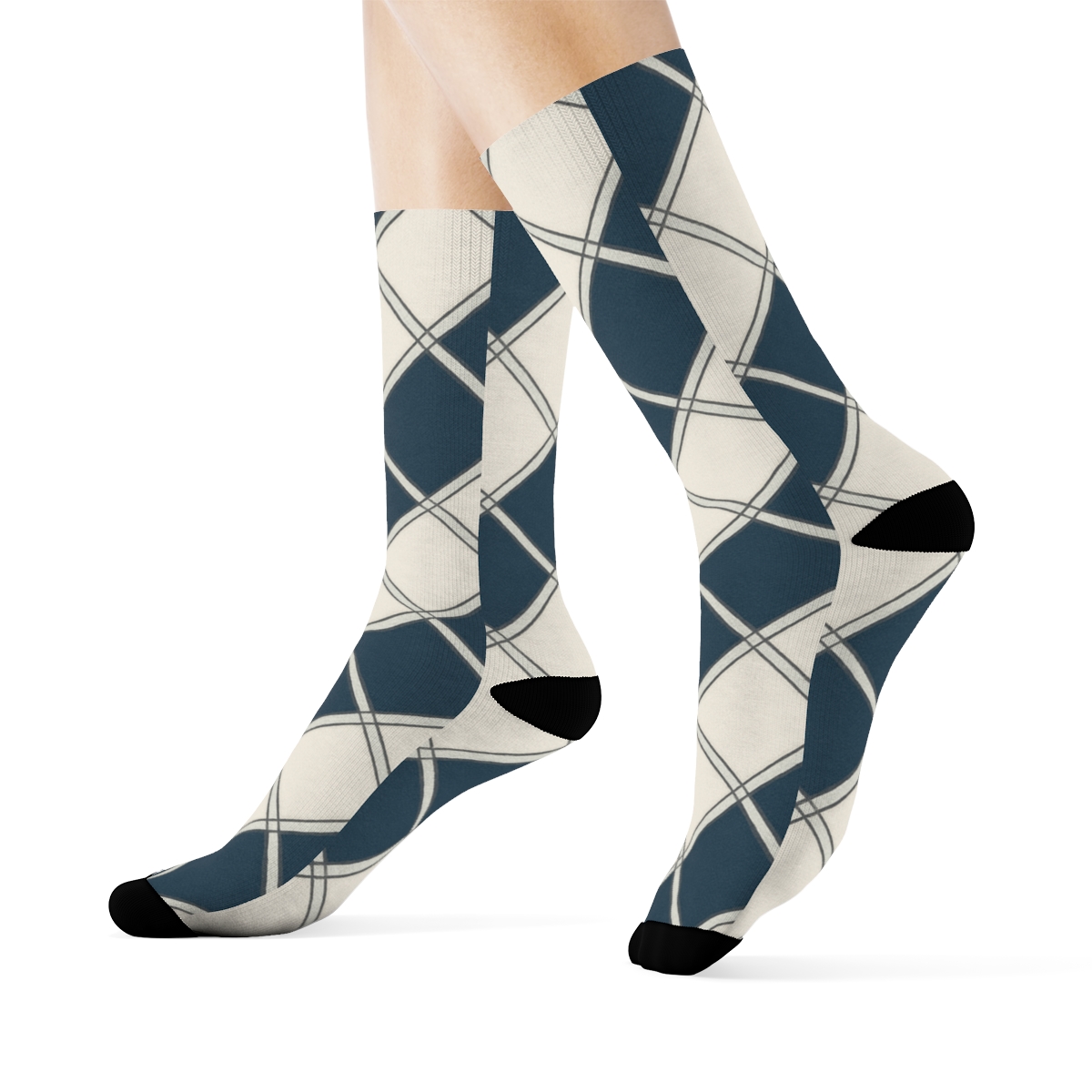Navy And Ivory Diagonal Diamond Check With Micro Herringbone Inserts soft everyday crew socks