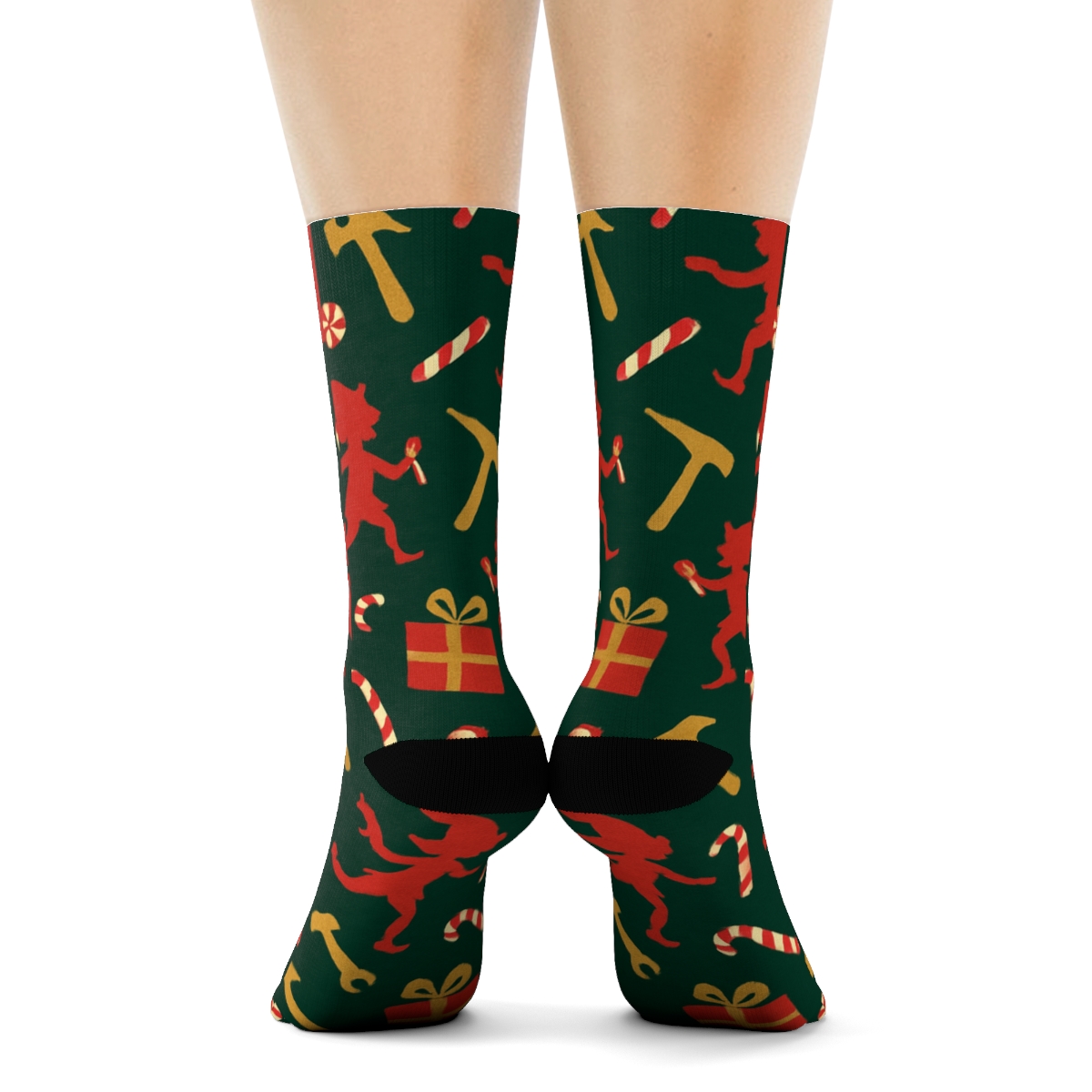 Elves Workshop Scatter On Forest Green soft everyday crew socks