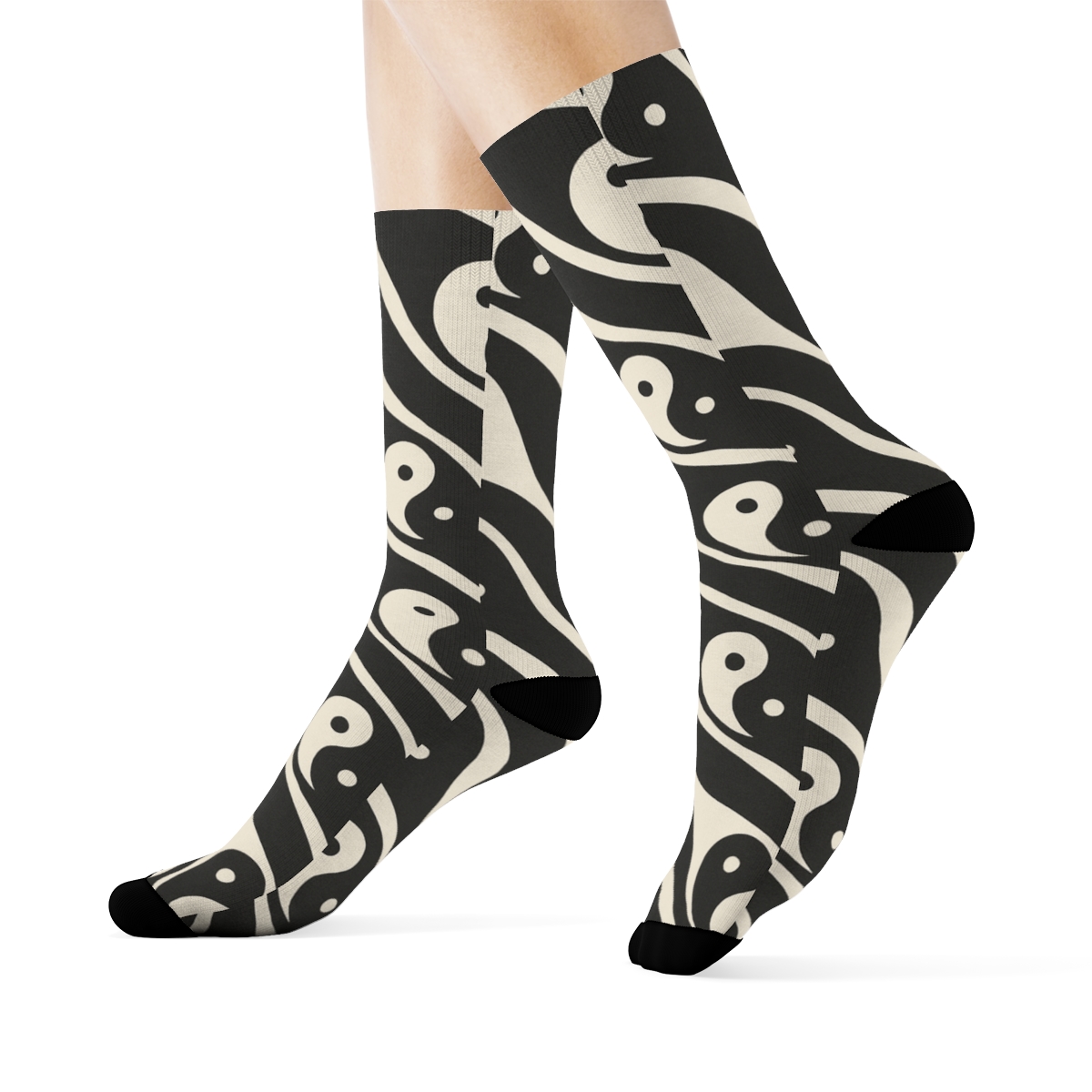Kinetic Taijitu Wave Bands On Charcoal Field designer printed crew socks