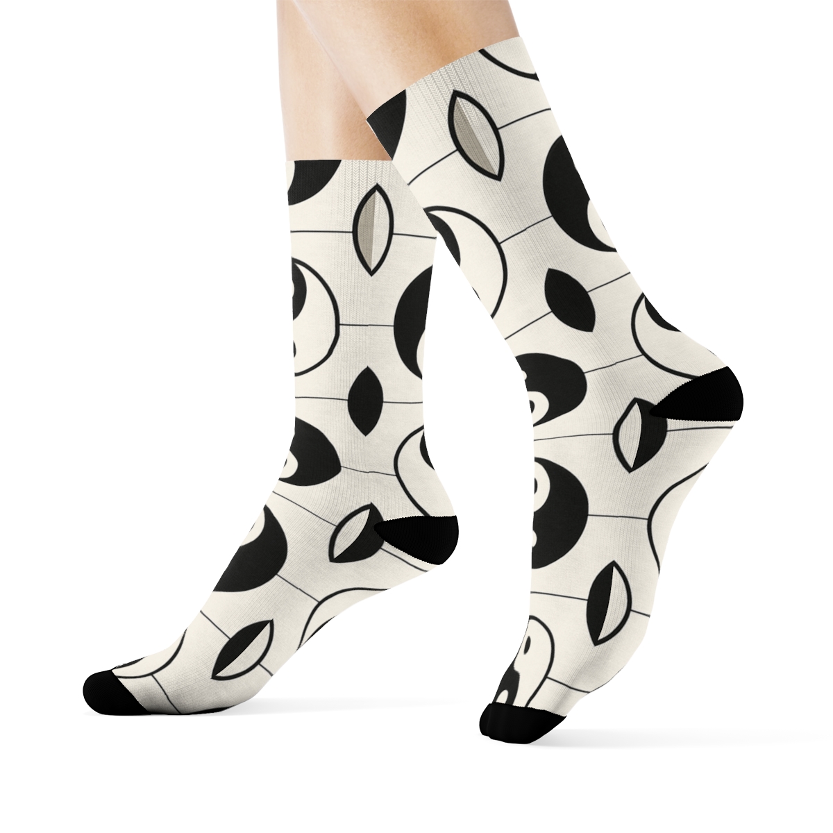 Ivory Minimal Taijitu Checker Stripe soft everyday crew socks