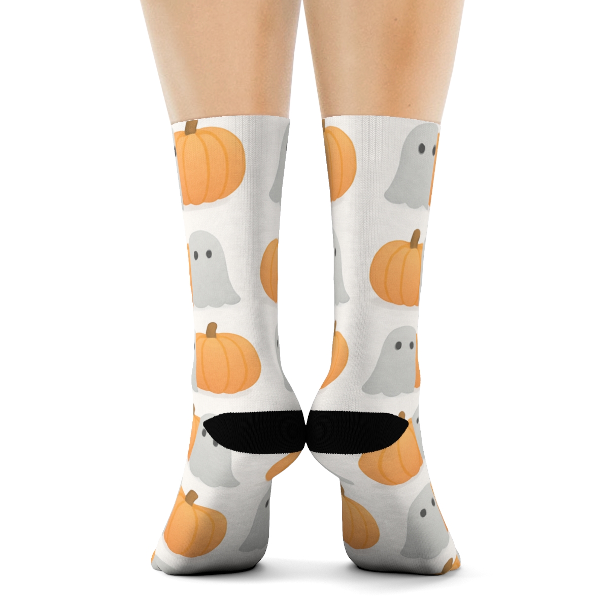 Alternating Ghost And Pumpkin Grid On White Background unique graphic crew socks
