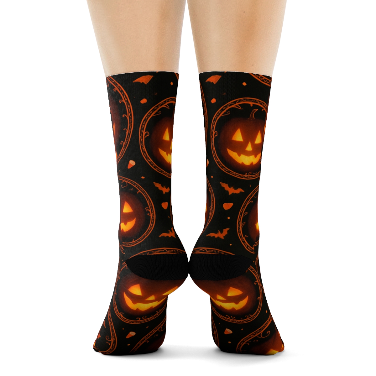 Glowing Jack O Lantern Medallion Tiles On Black Background unique graphic crew socks