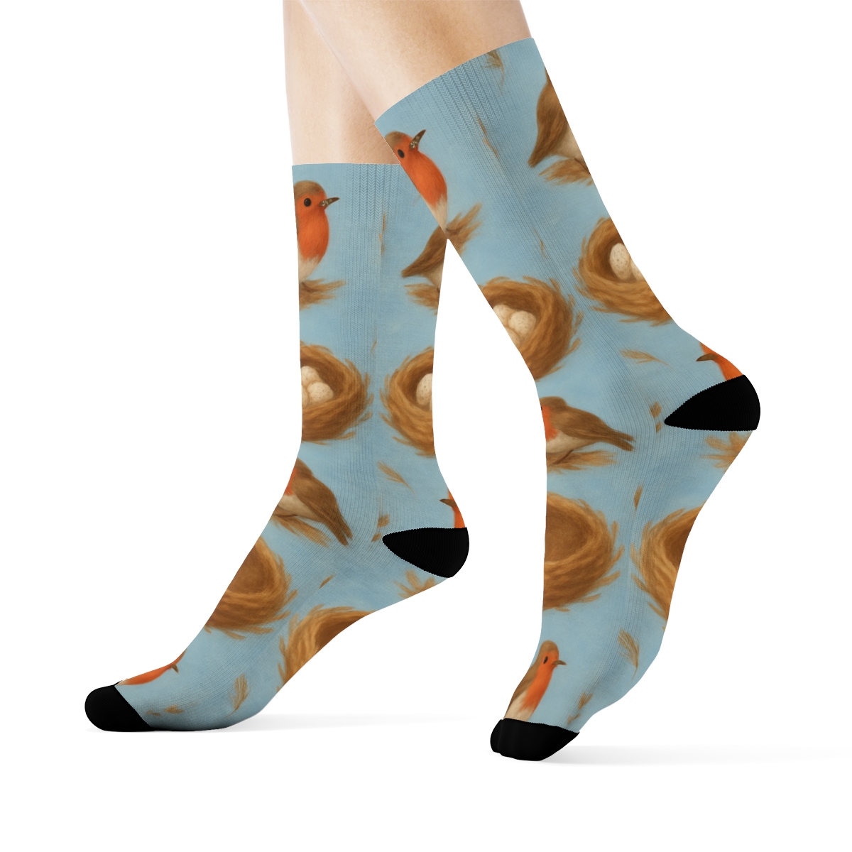 Robin Nest And Egg Polka Rhythm On Sky Blue unique graphic crew socks