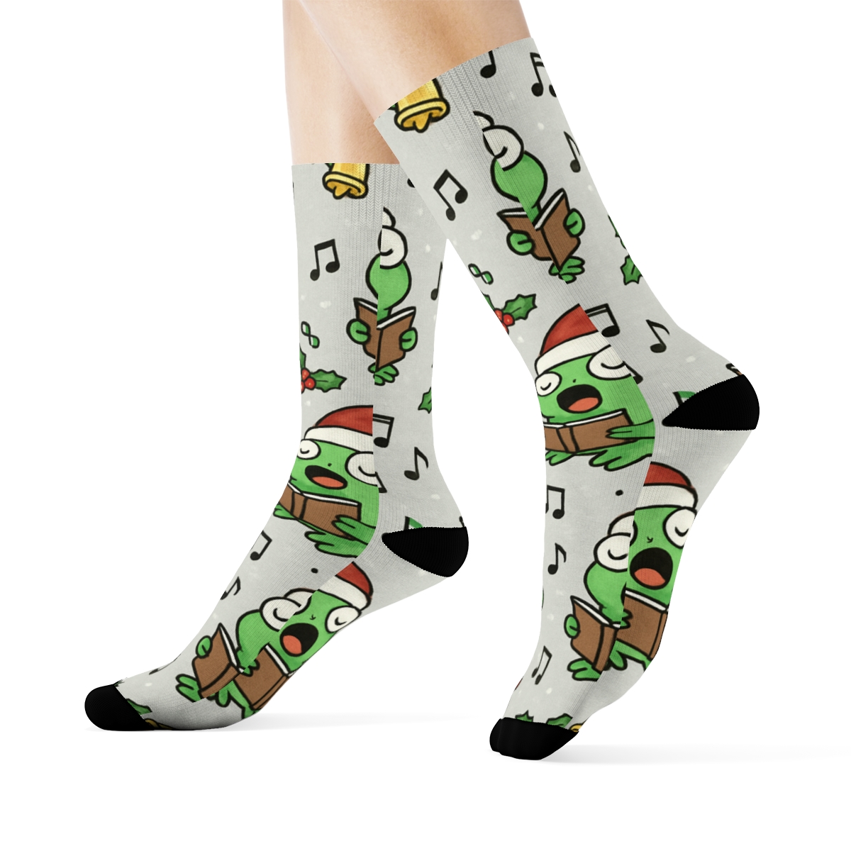 Frog Carolers Scatter On Light Gray Background custom crew socks