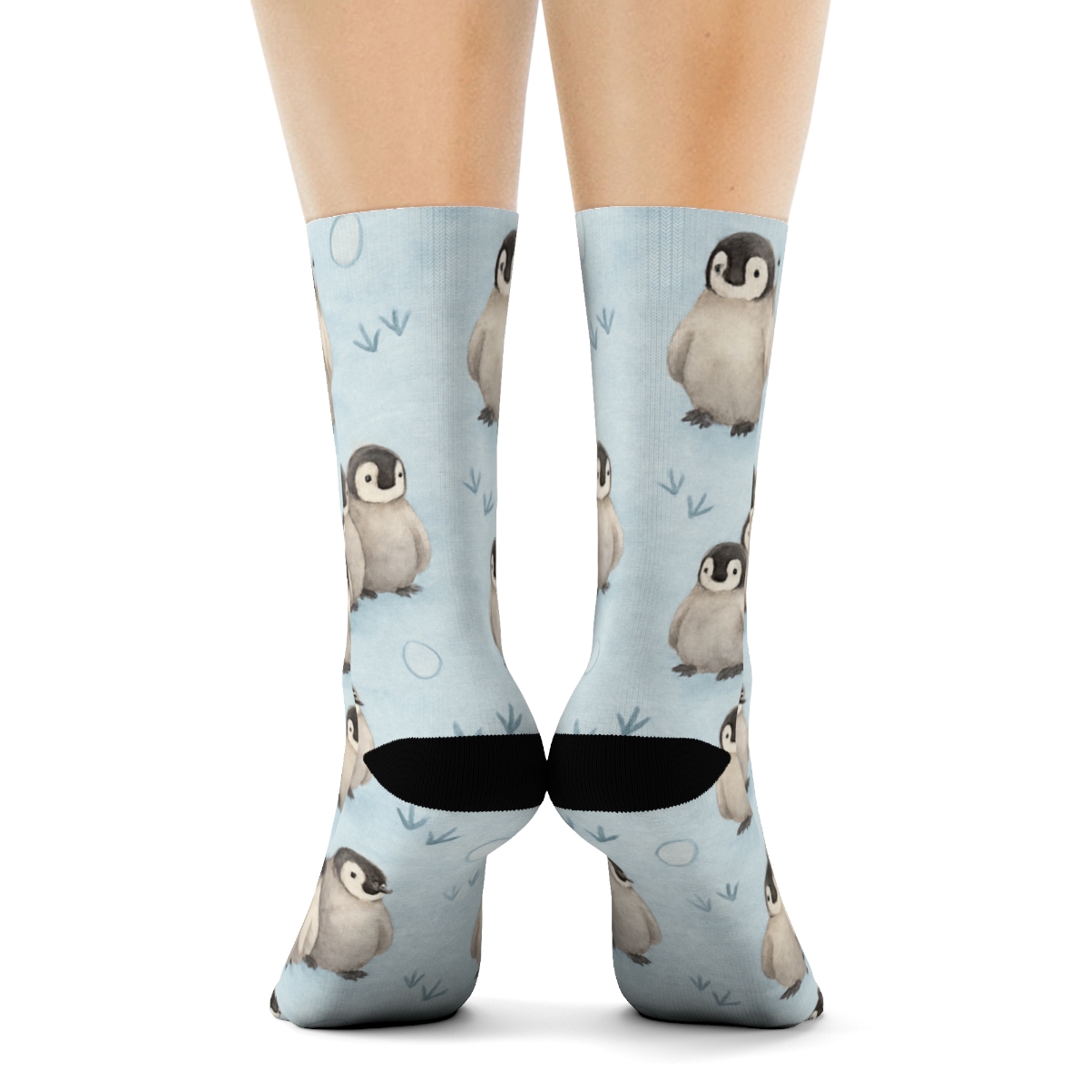 Penguin Chick Cluster Grid On Ice Blue personalized crew socks