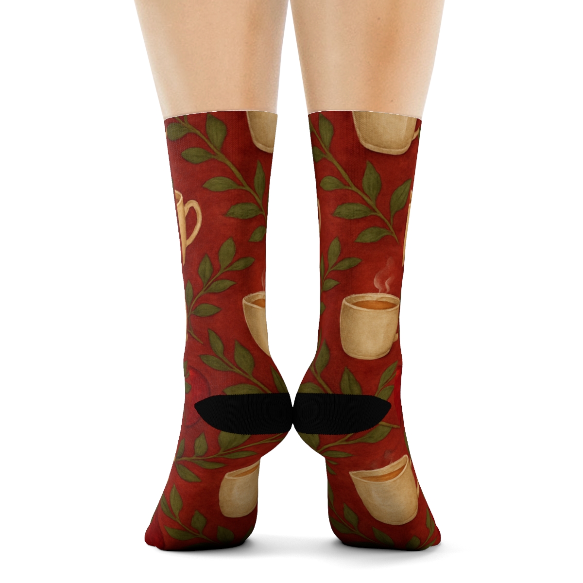 Watercolor Apple And Mug Scatter Lattice On Deep Red Background personalized crew socks