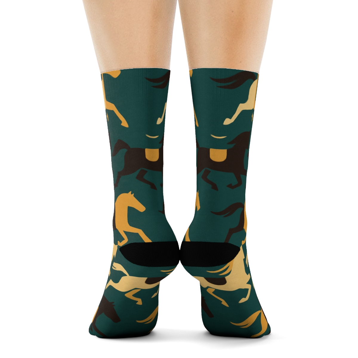 Deep Teal Minimal Grid With Horse Silhouettes personalized crew socks