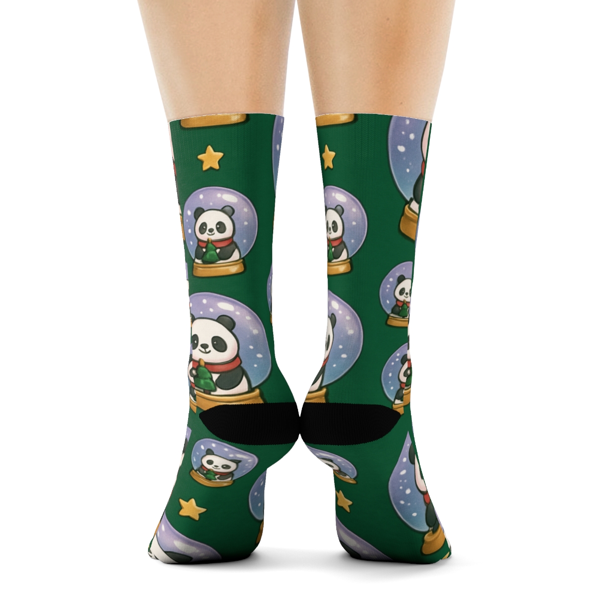 Lavender Panda Snow Globe Tiles On Pine Green Background comfortable cotton crew socks