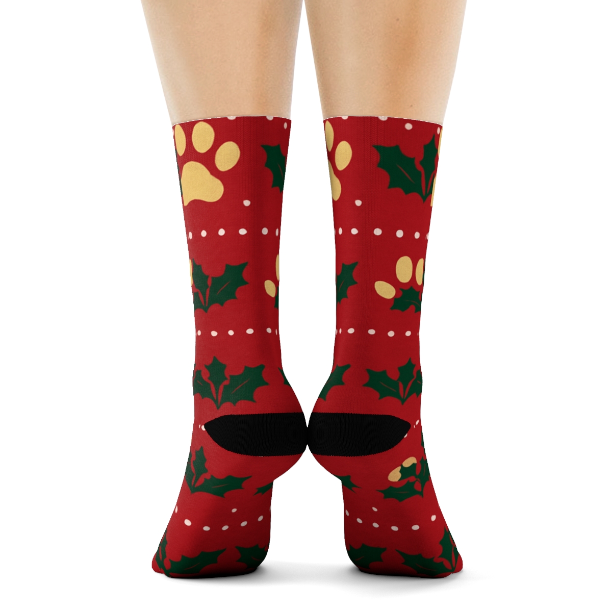 Golden Bell Paw Print Texture Bands On Red Background designer printed crew socks