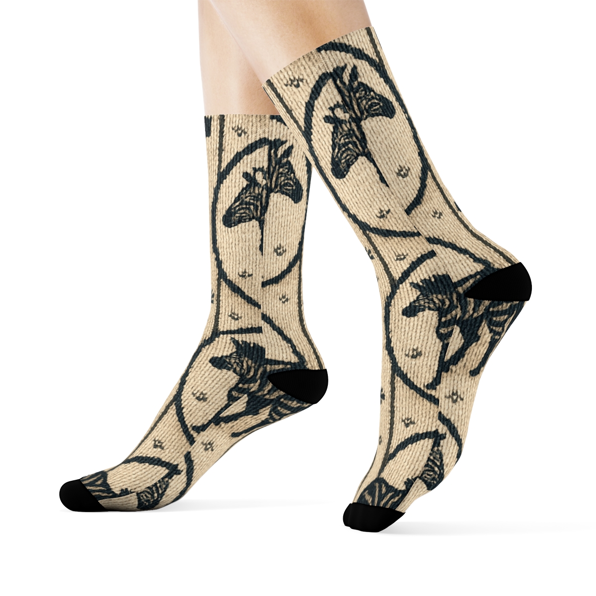 Knitted Zebra Silhouette Medallions On Warm Cream soft everyday crew socks
