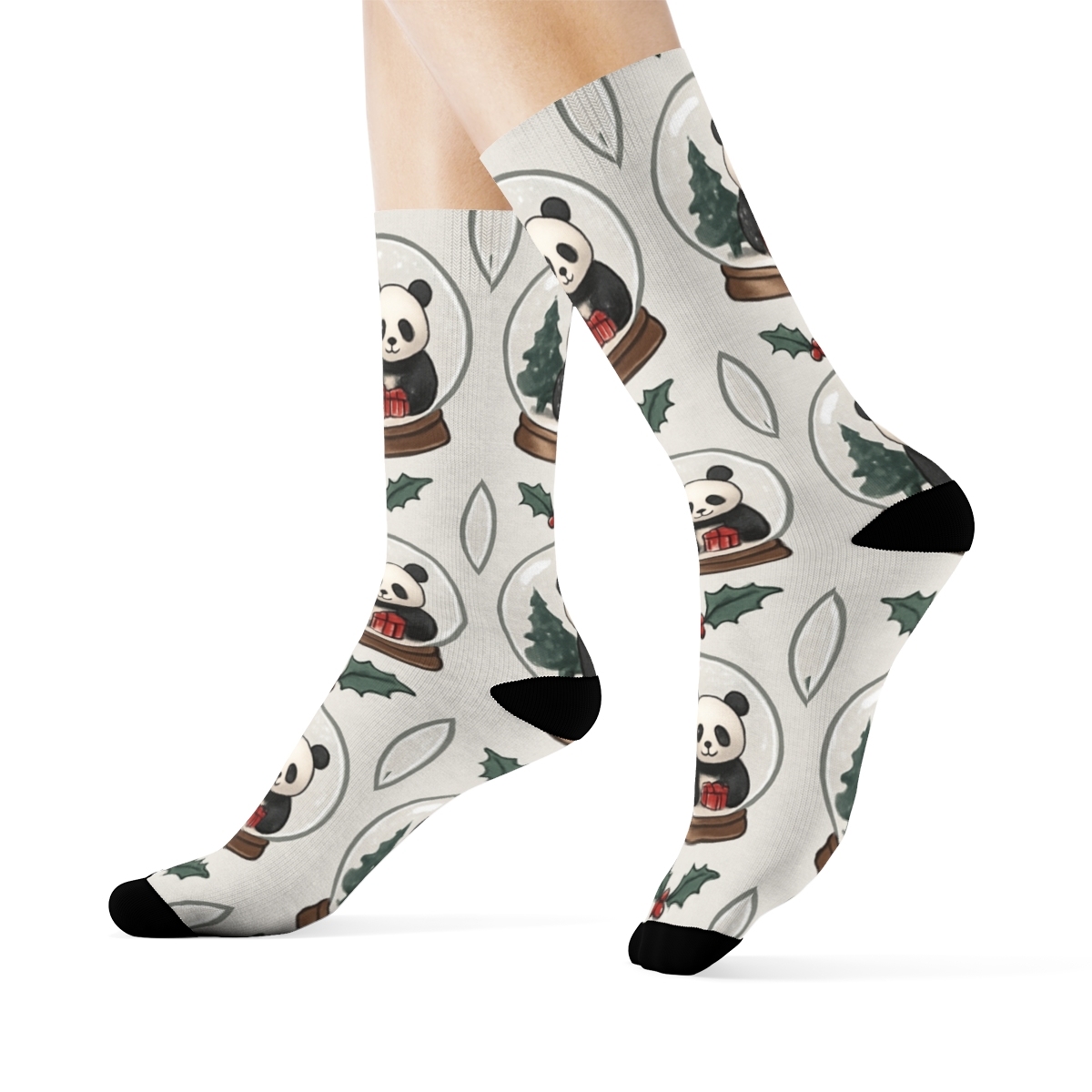 Panda Snow Globe Medallions On Light Gray Background designer printed crew socks