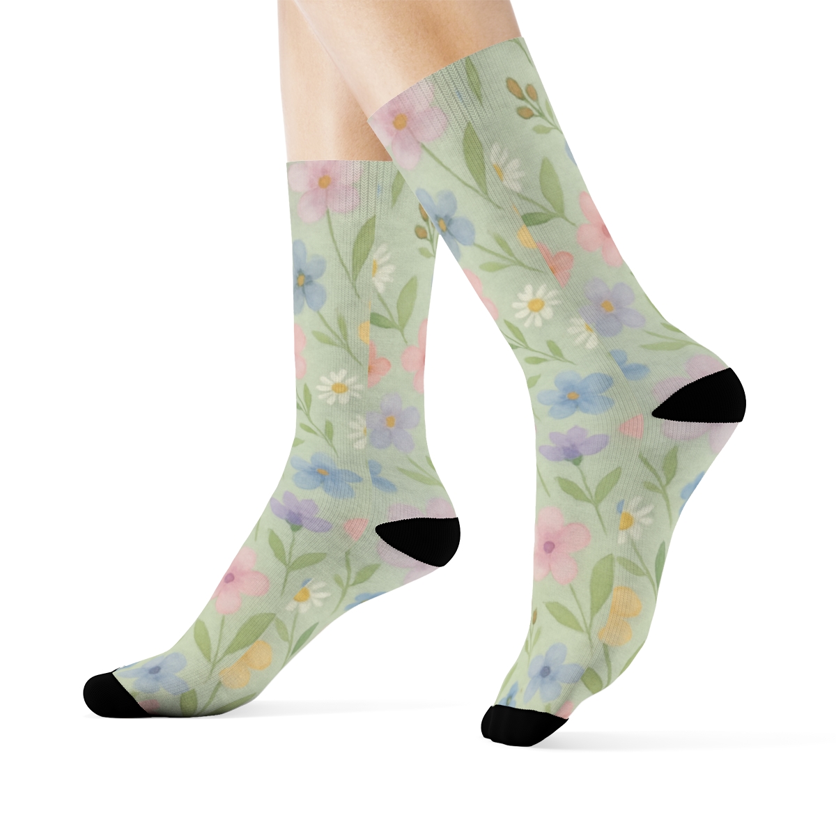 Watercolor Wildflower Drift On Mist Green stylish athletic crew socks